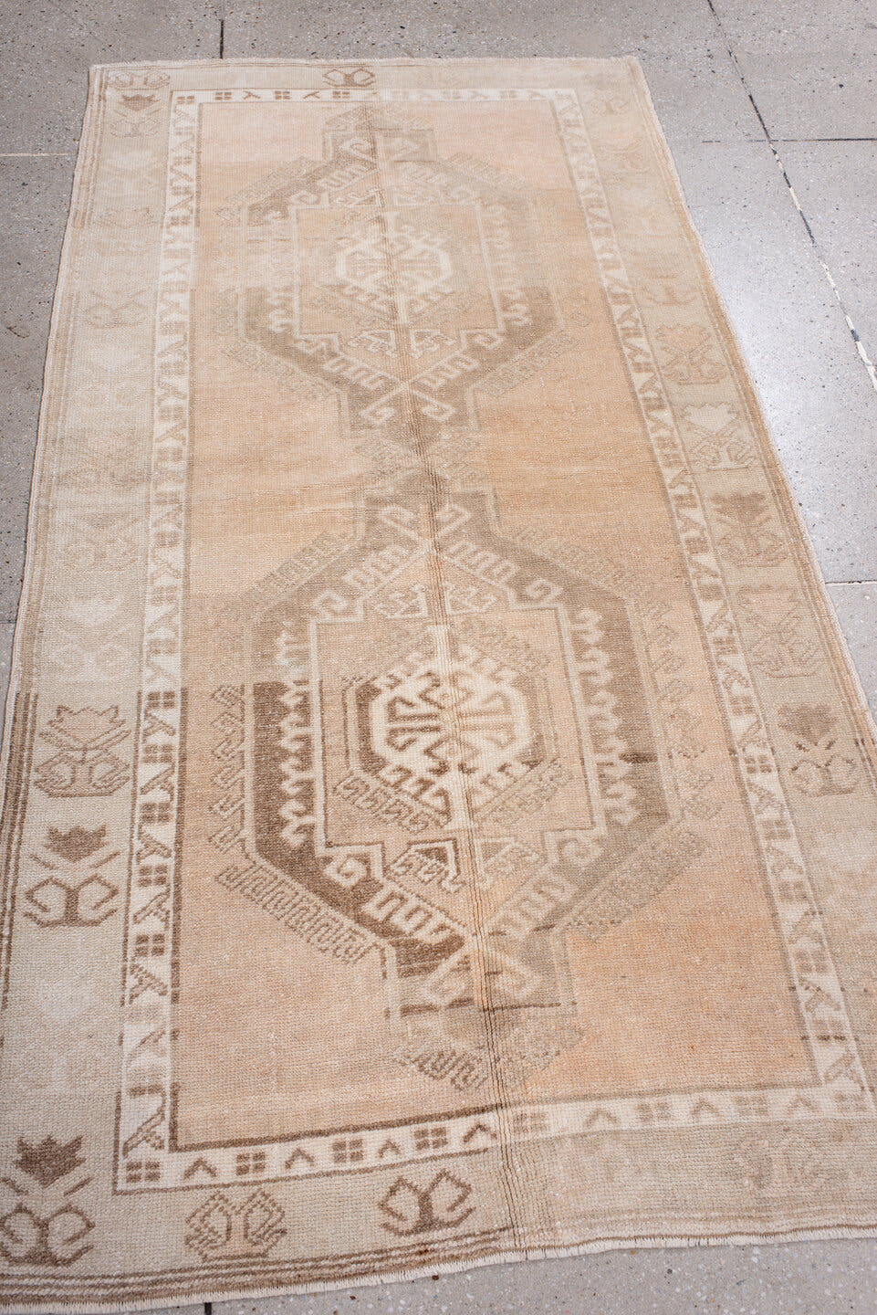 3' x 6' one-of-a-kind handmade antique Anatolian runner rug. Color palette: beige, blush, ivory, taupe, sand, pink, gray