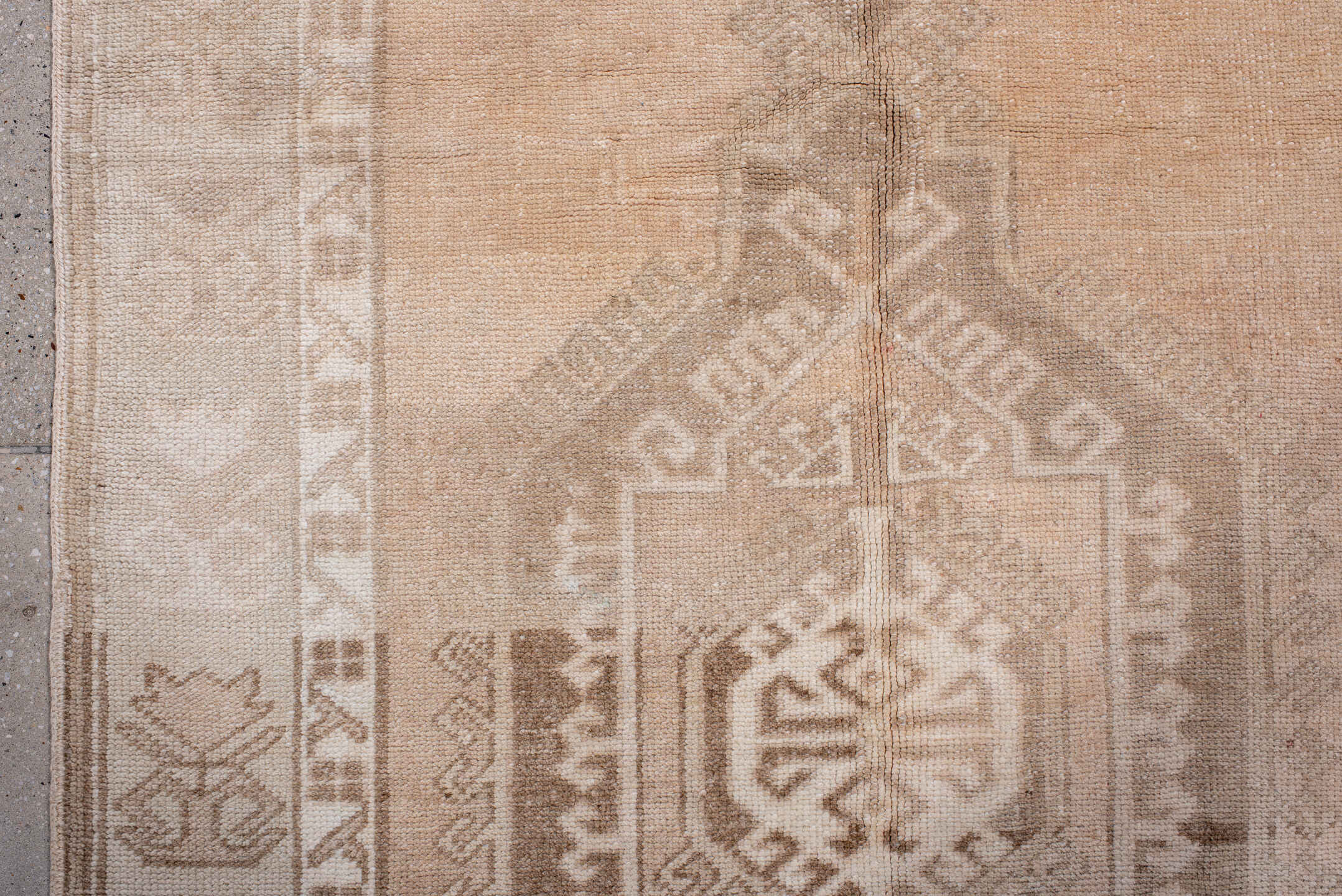3' x 6' one-of-a-kind handmade antique Anatolian runner rug. Color palette: beige, blush, ivory, taupe, sand, pink, gray