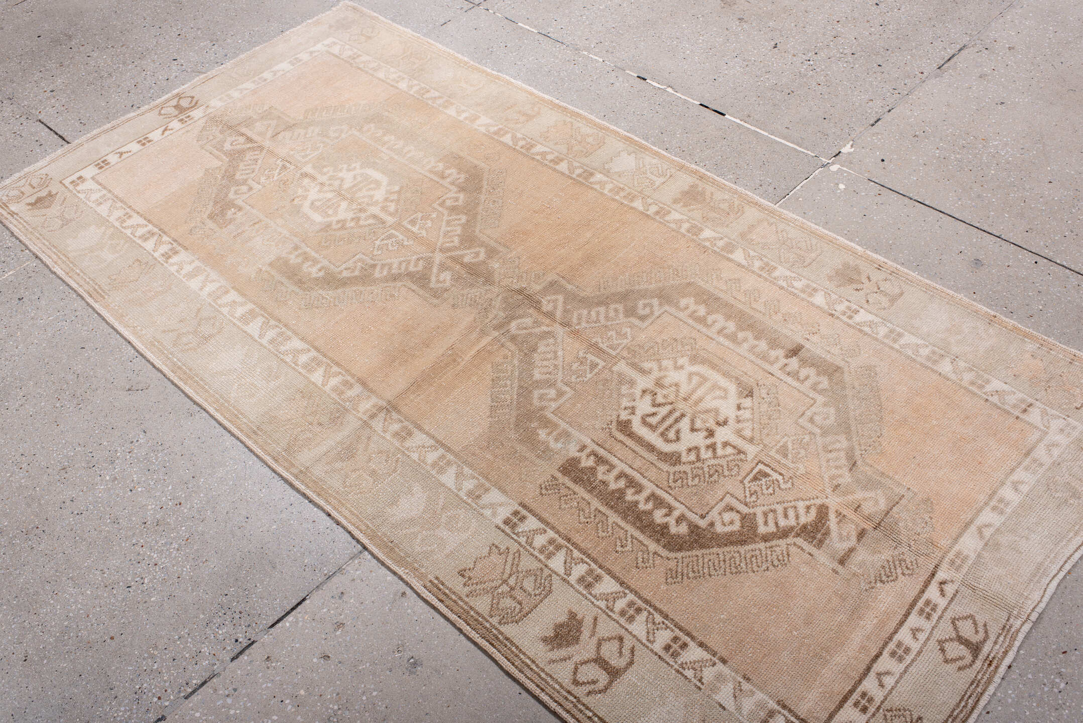 3' x 6' one-of-a-kind handmade antique Anatolian runner rug. Color palette: beige, blush, ivory, taupe, sand, pink, gray
