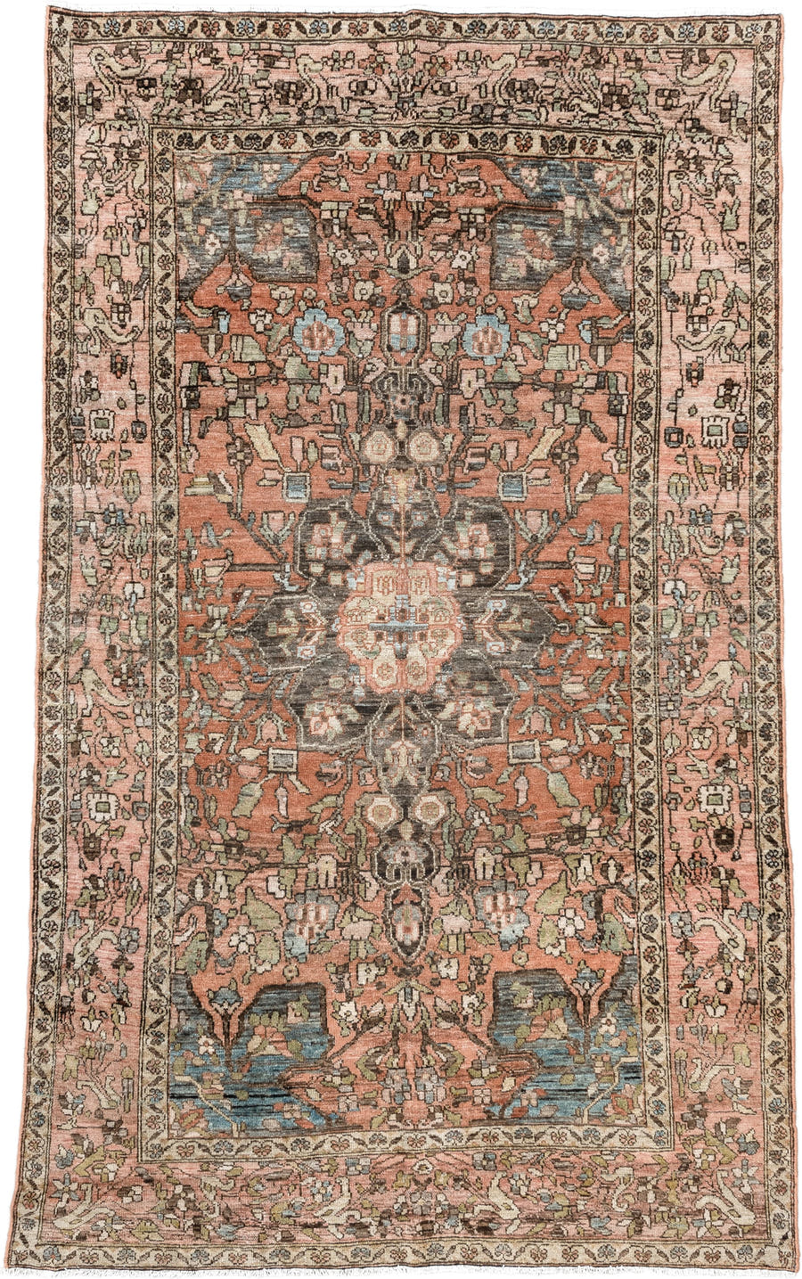 4' x 6' one-of-a-kind handmade vintage Baktiary small size rug. Color palette: terra cotta, blush, ivory, charcoal