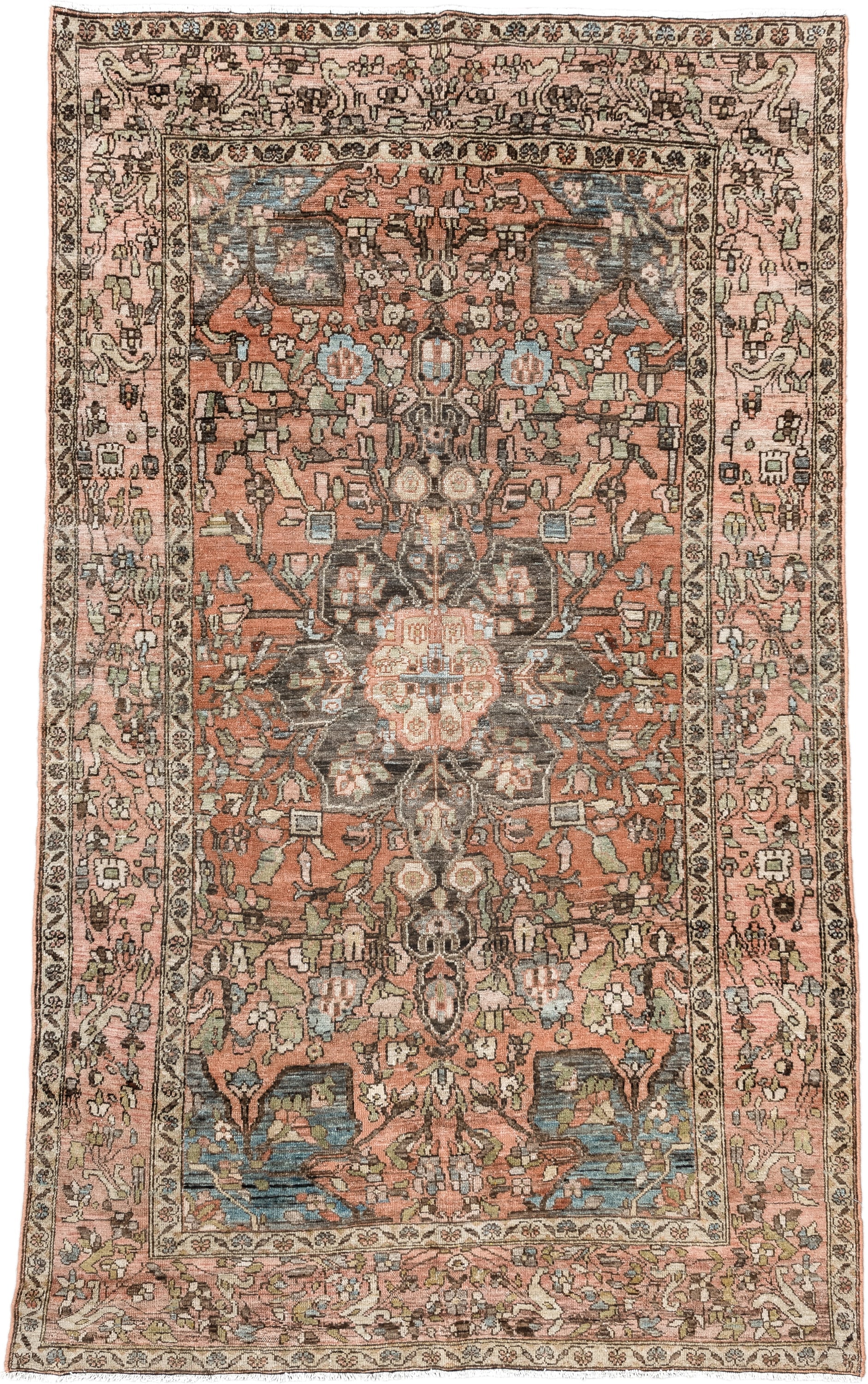 4' x 6' one-of-a-kind handmade vintage Baktiary small size rug. Color palette: terra cotta, blush, ivory, charcoal