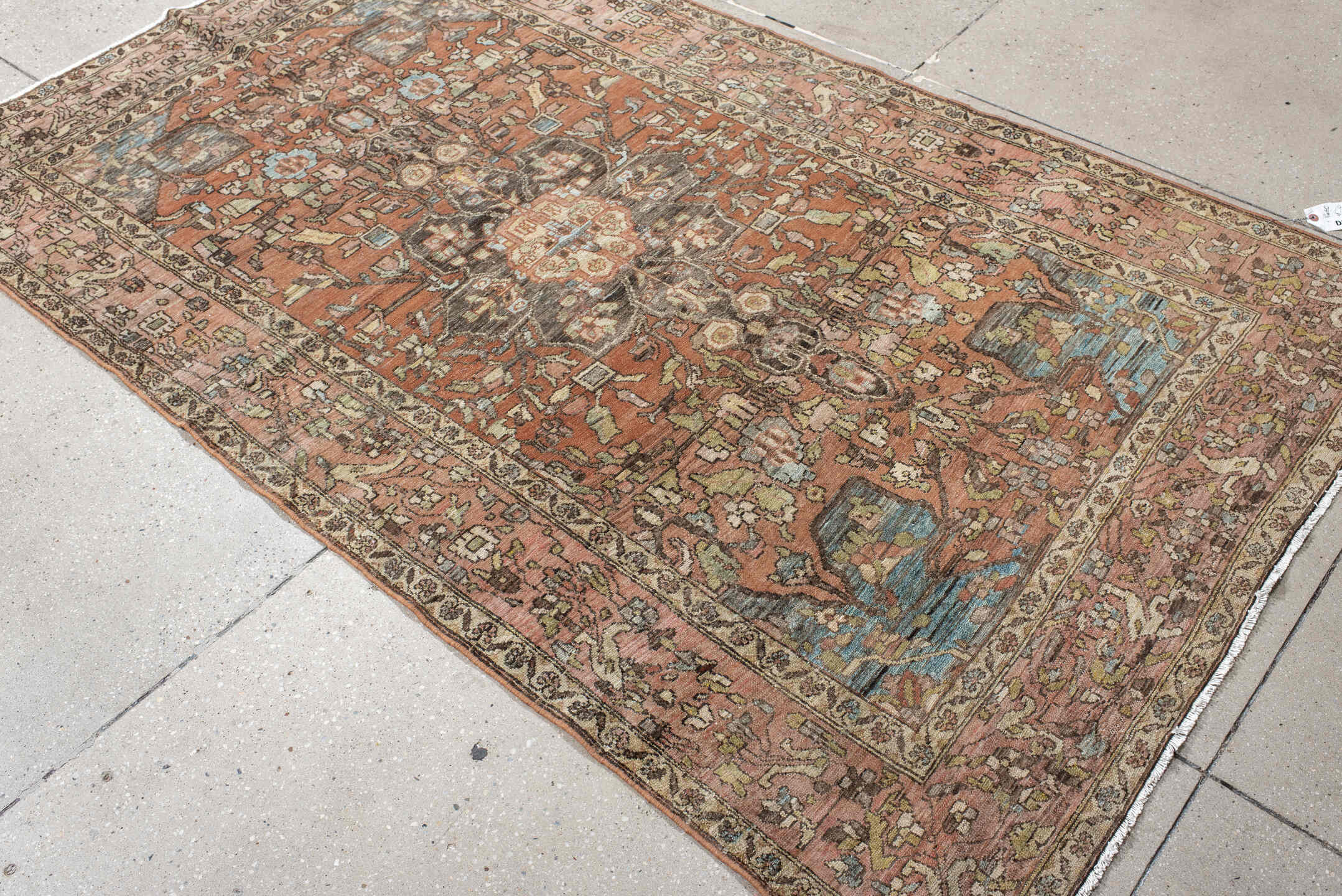 4' x 6' one-of-a-kind handmade vintage Baktiary small size rug. Color palette: terra cotta, blush, ivory, charcoal