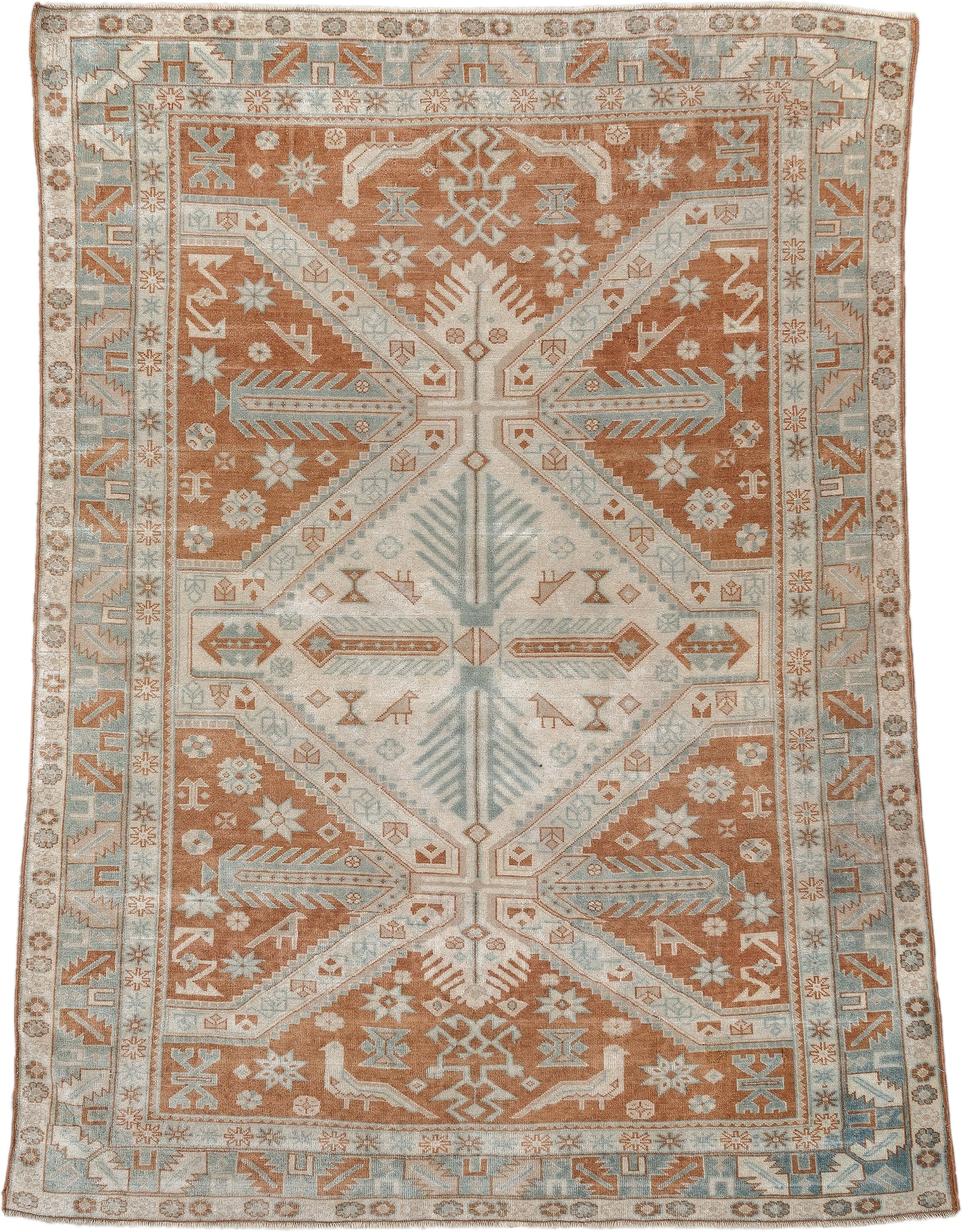 4' x 5' one-of-a-kind handmade antique Caucasian small size rug. Color palette: terra cotta, ivory, pale blue, camel, taupe