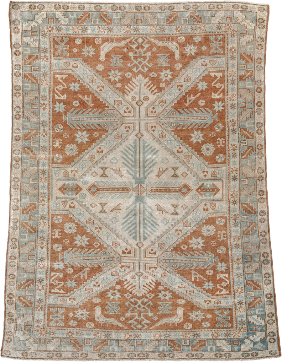 4' x 5' one-of-a-kind handmade antique Caucasian small size rug. Color palette: terra cotta, ivory, pale blue, camel, taupe