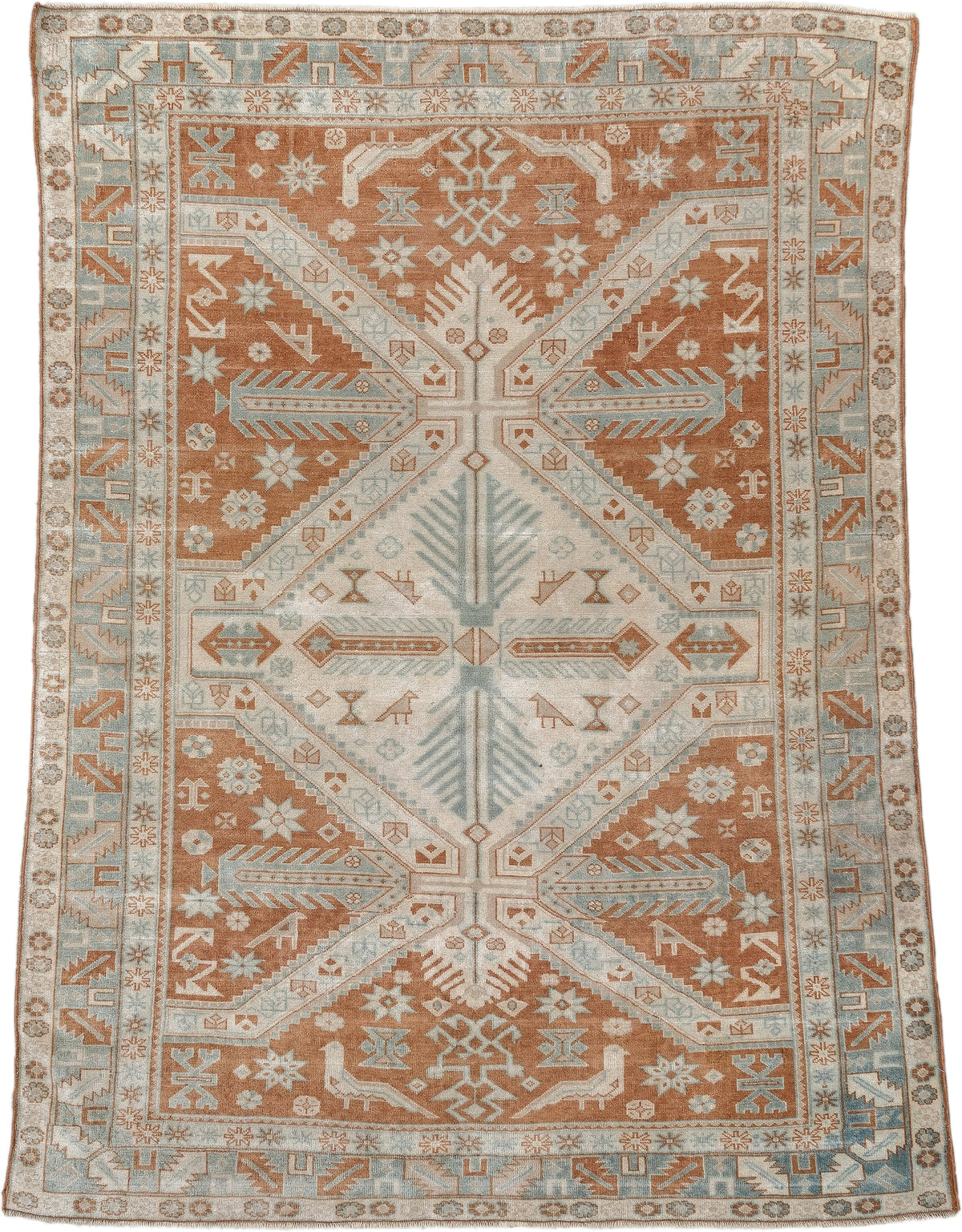 4' x 5' one-of-a-kind handmade antique Caucasian small size rug. Color palette: terra cotta, ivory, pale blue, camel, taupe