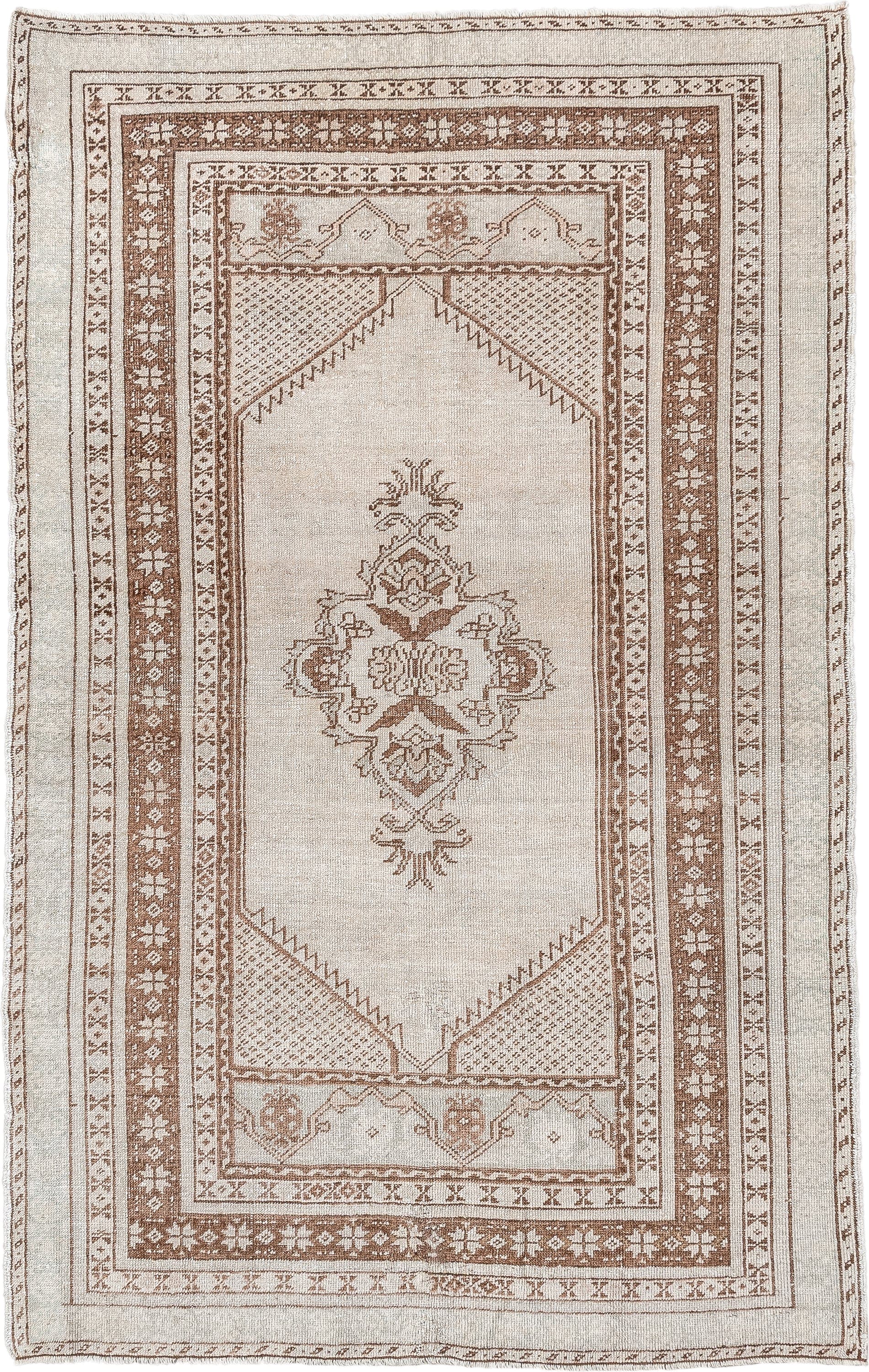 3' x 5' one-of-a-kind handmade antique Anatolian small size rug. Color palette: ivory, camel, taupe, beige, gray