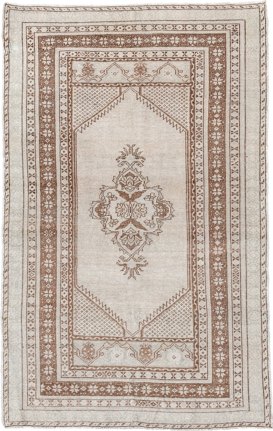 3' x 5' one-of-a-kind handmade antique Anatolian small size rug. Color palette: ivory, camel, taupe, beige, gray
