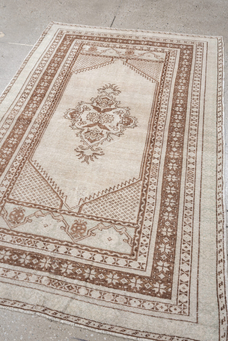 3' x 5' one-of-a-kind handmade antique Anatolian small size rug. Color palette: ivory, camel, taupe, beige, gray