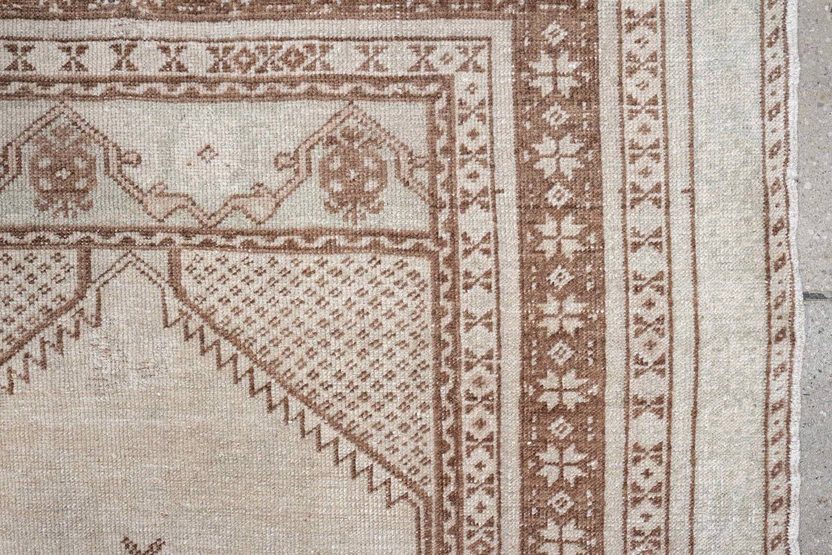 3' x 5' one-of-a-kind handmade antique Anatolian small size rug. Color palette: ivory, camel, taupe, beige, gray