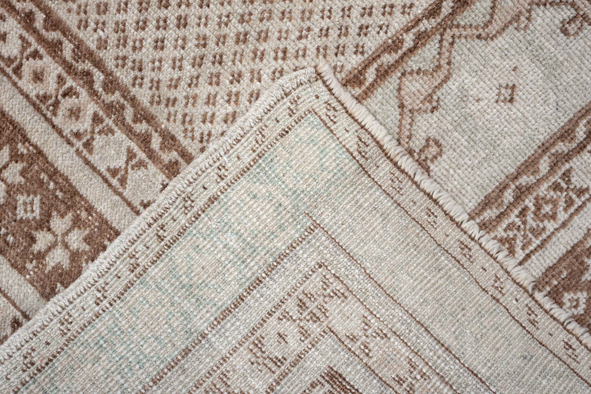 3' x 5' one-of-a-kind handmade antique Anatolian small size rug. Color palette: ivory, camel, taupe, beige, gray