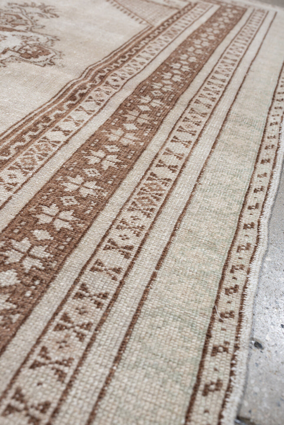 3' x 5' one-of-a-kind handmade antique Anatolian small size rug. Color palette: ivory, camel, taupe, beige, gray