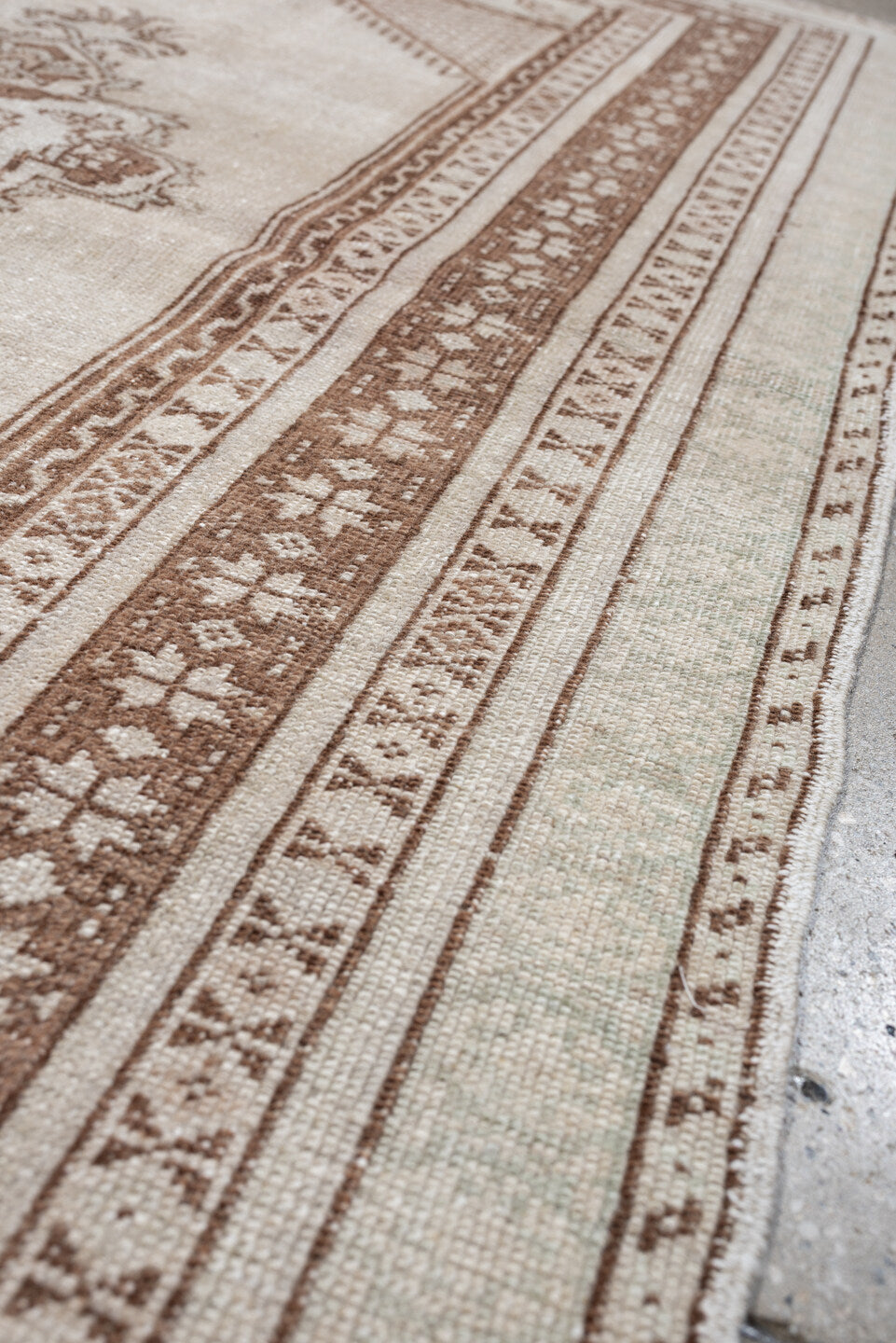 3' x 5' one-of-a-kind handmade antique Anatolian small size rug. Color palette: ivory, camel, taupe, beige, gray