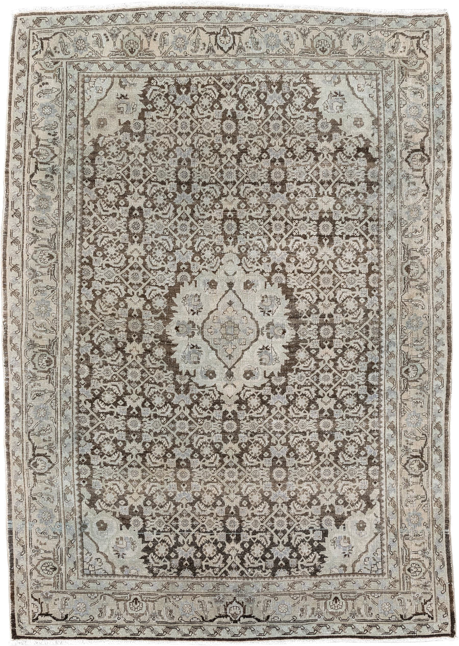 3' x 5' one-of-a-kind handmade antique Bidjar small size rug. Color palette: ivory, taupe, brown, slate, beige, charcoal
