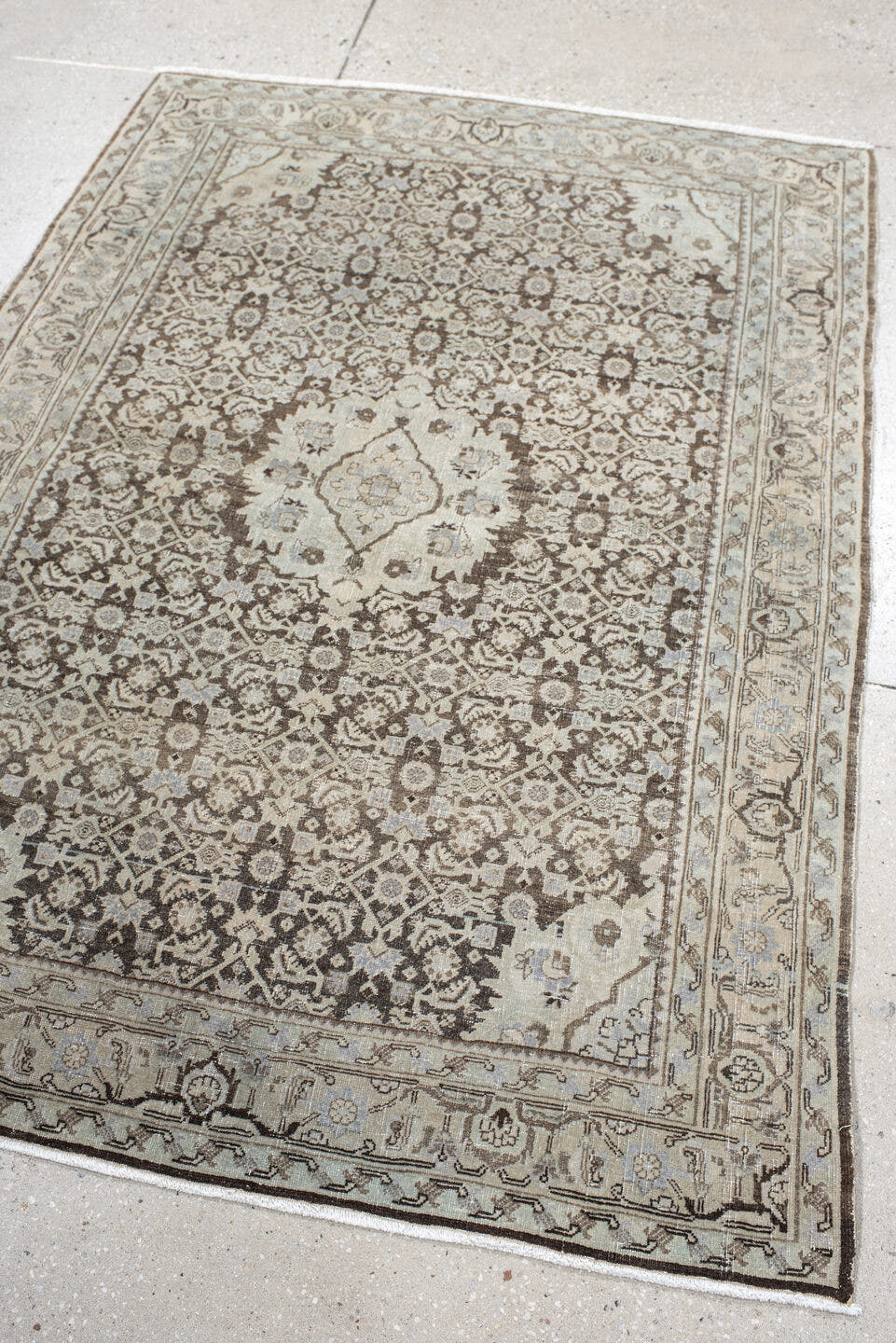 3' x 5' one-of-a-kind handmade antique Bidjar small size rug. Color palette: ivory, taupe, brown, slate, beige, charcoal