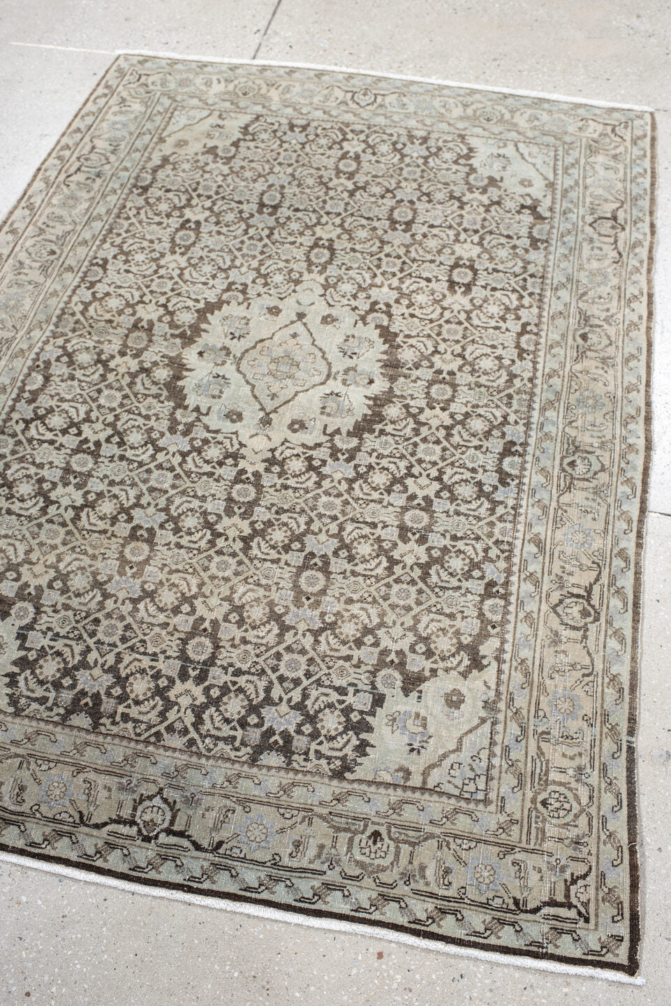 3' x 5' one-of-a-kind handmade antique Bidjar small size rug. Color palette: ivory, taupe, brown, slate, beige, charcoal