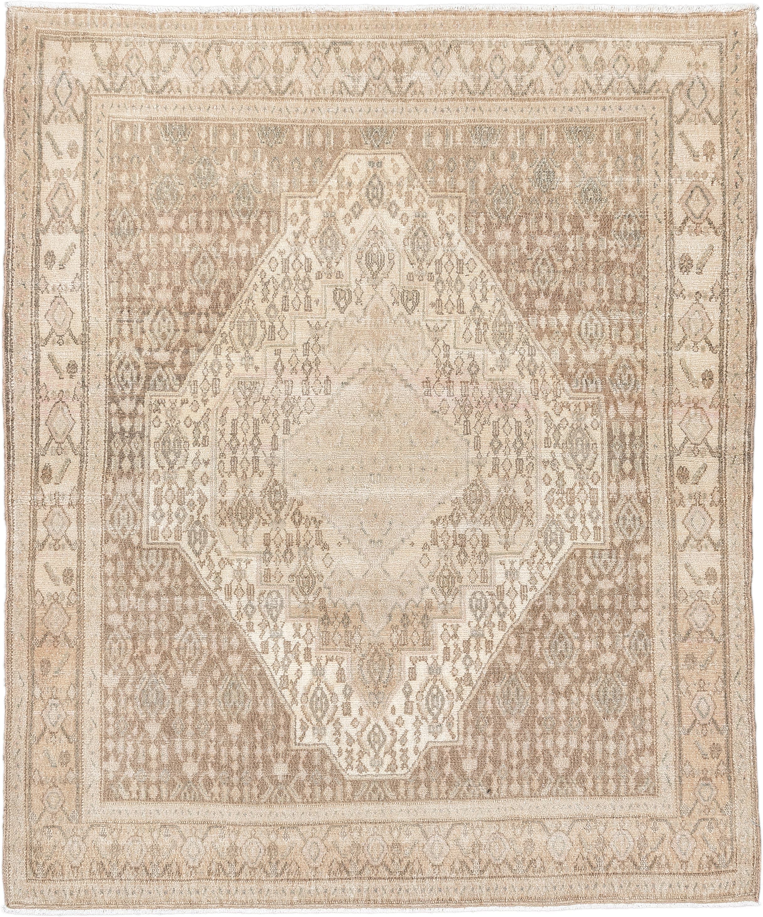 4' x 5' one-of-a-kind handmade antique Senne small size rug. Color palette: ivory, taupe, camel, sand, beige, light brown