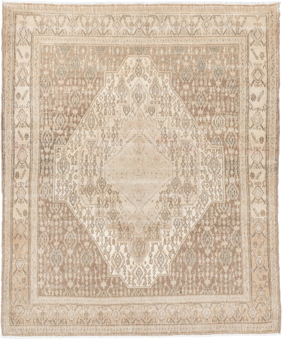 4' x 5' one-of-a-kind handmade antique Senne small size rug. Color palette: ivory, taupe, camel, sand, beige, light brown
