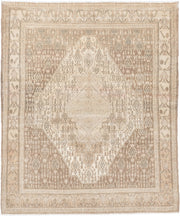 4' x 5' one-of-a-kind handmade antique Senne small size rug. Color palette: ivory, taupe, camel, sand, beige, light brown