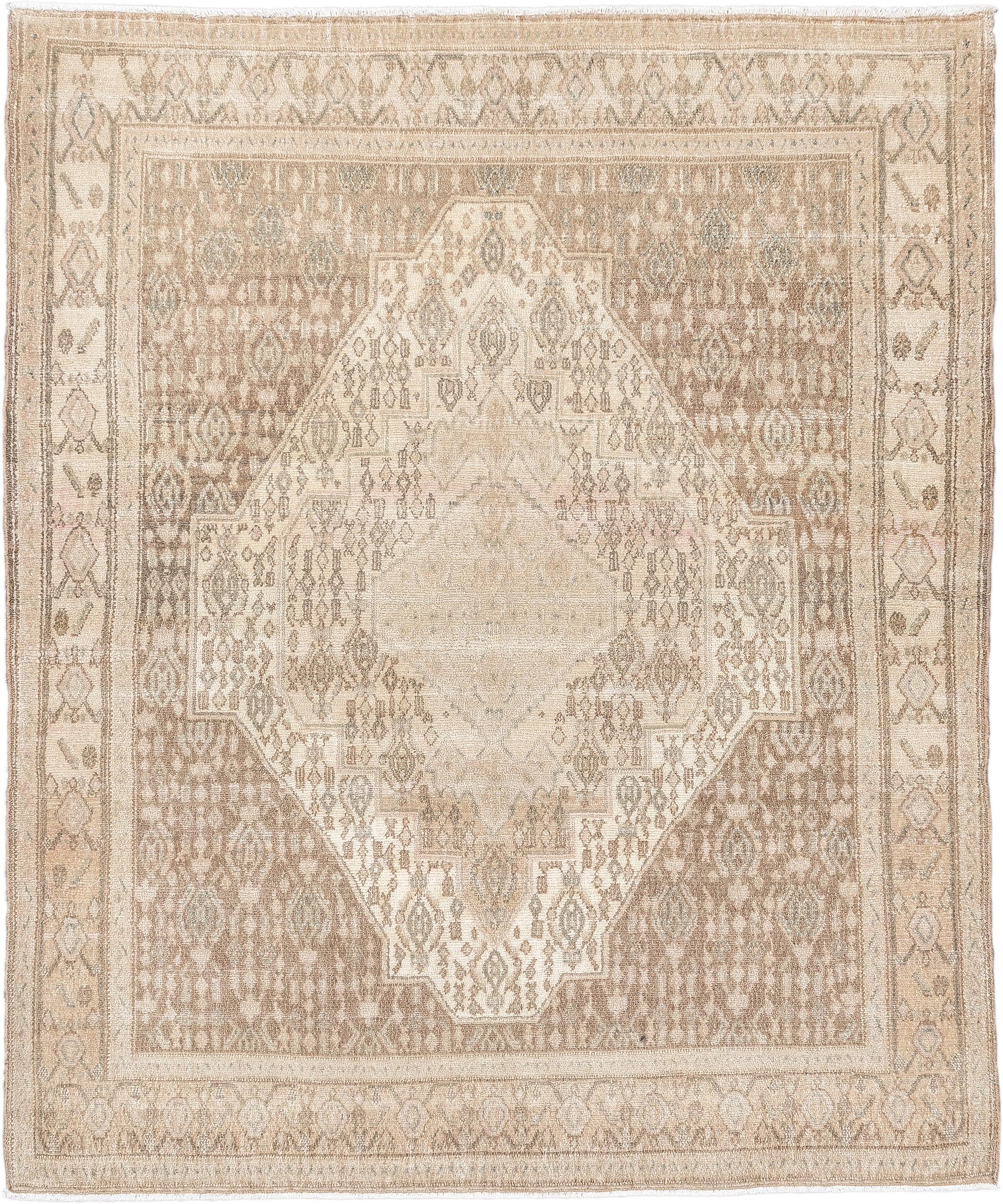 4' x 5' one-of-a-kind handmade antique Senne small size rug. Color palette: ivory, taupe, camel, sand, beige, light brown