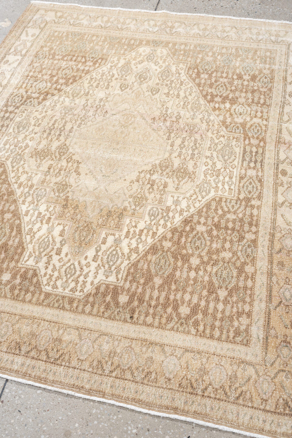 4' x 5' one-of-a-kind handmade antique Senne small size rug. Color palette: ivory, taupe, camel, sand, beige, light brown