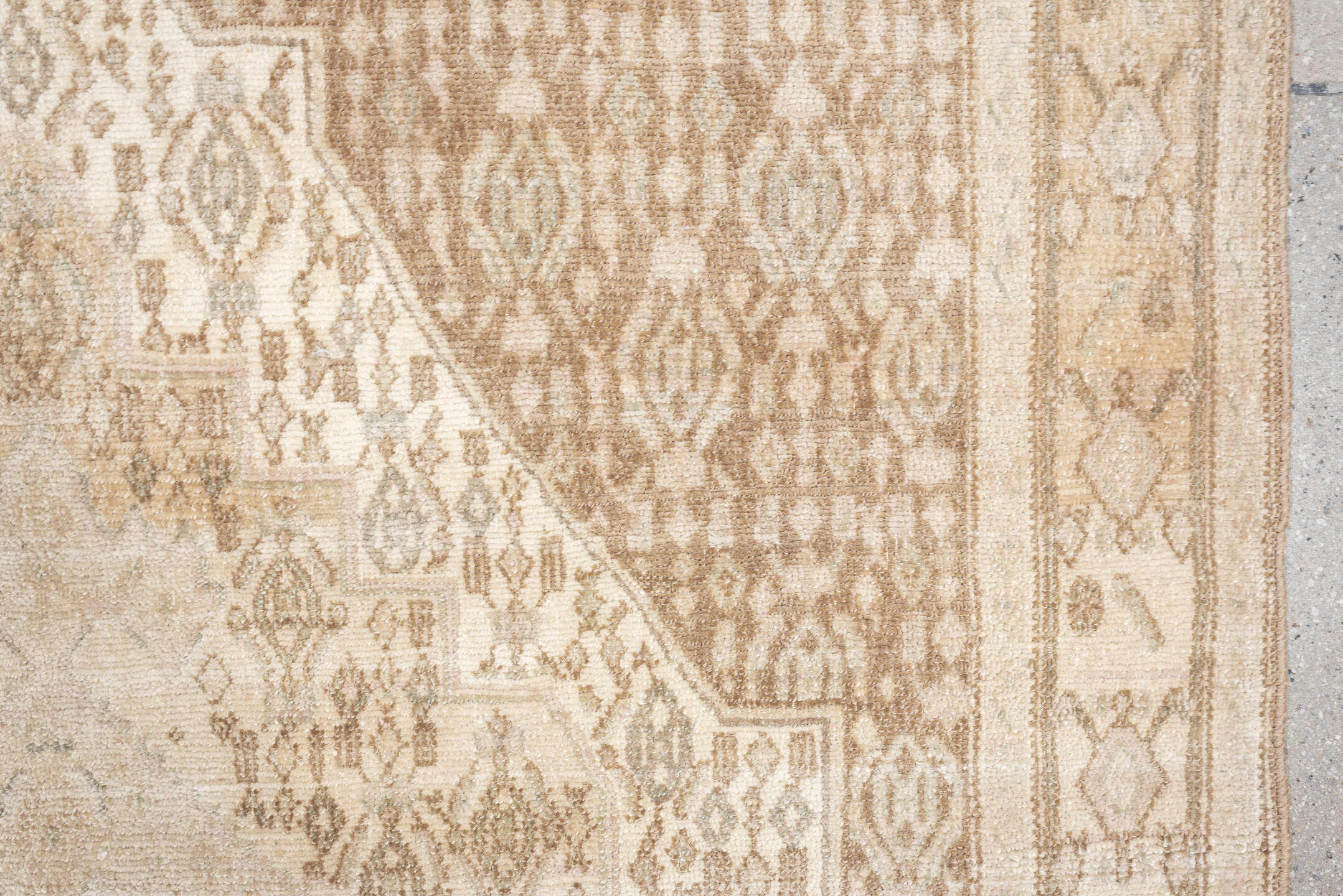 4' x 5' one-of-a-kind handmade antique Senne small size rug. Color palette: ivory, taupe, camel, sand, beige, light brown