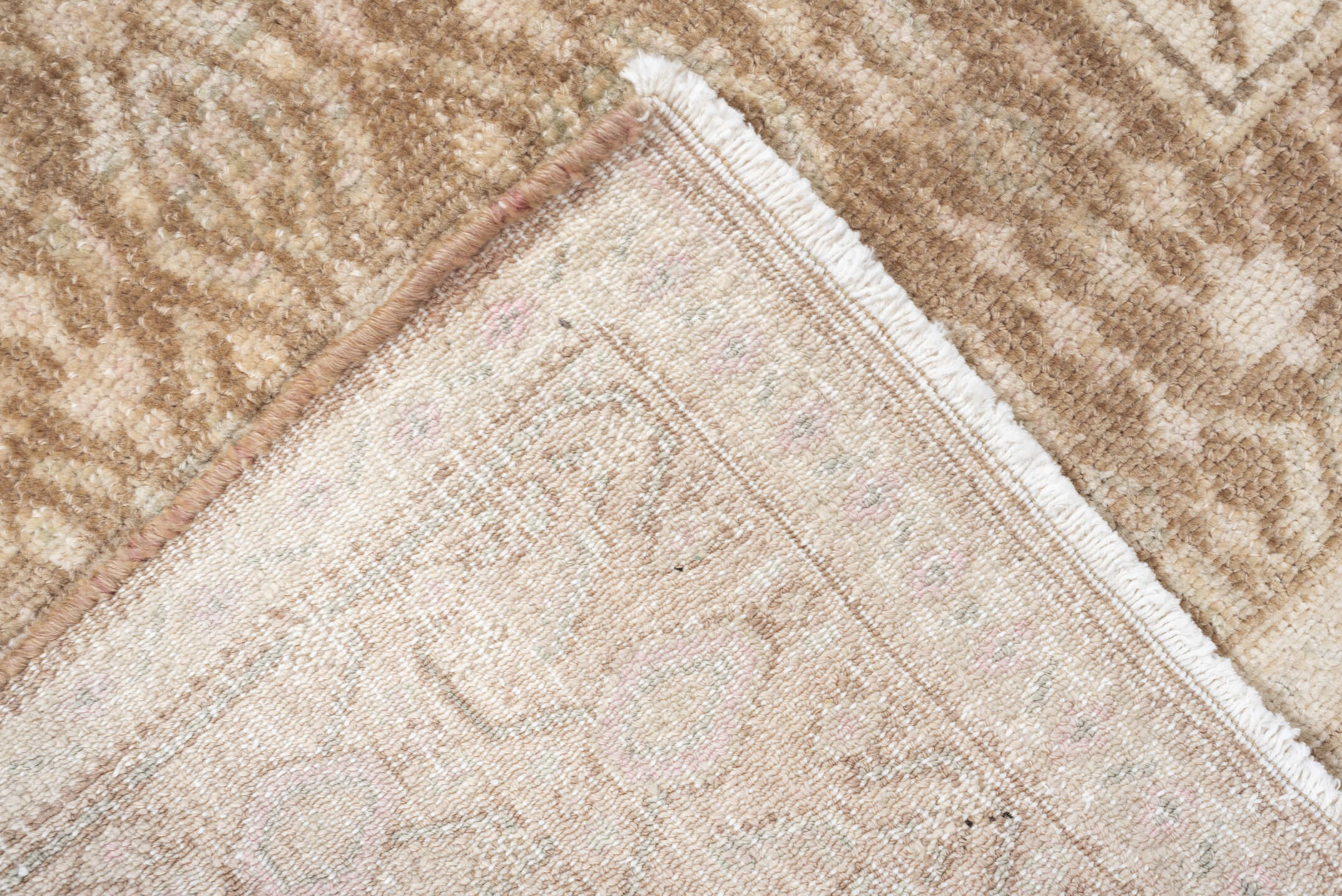 4' x 5' one-of-a-kind handmade antique Senne small size rug. Color palette: ivory, taupe, camel, sand, beige, light brown