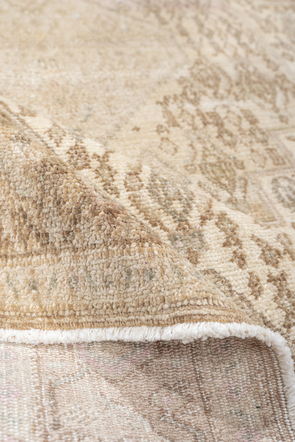 4' x 5' one-of-a-kind handmade antique Senne small size rug. Color palette: ivory, taupe, camel, sand, beige, light brown