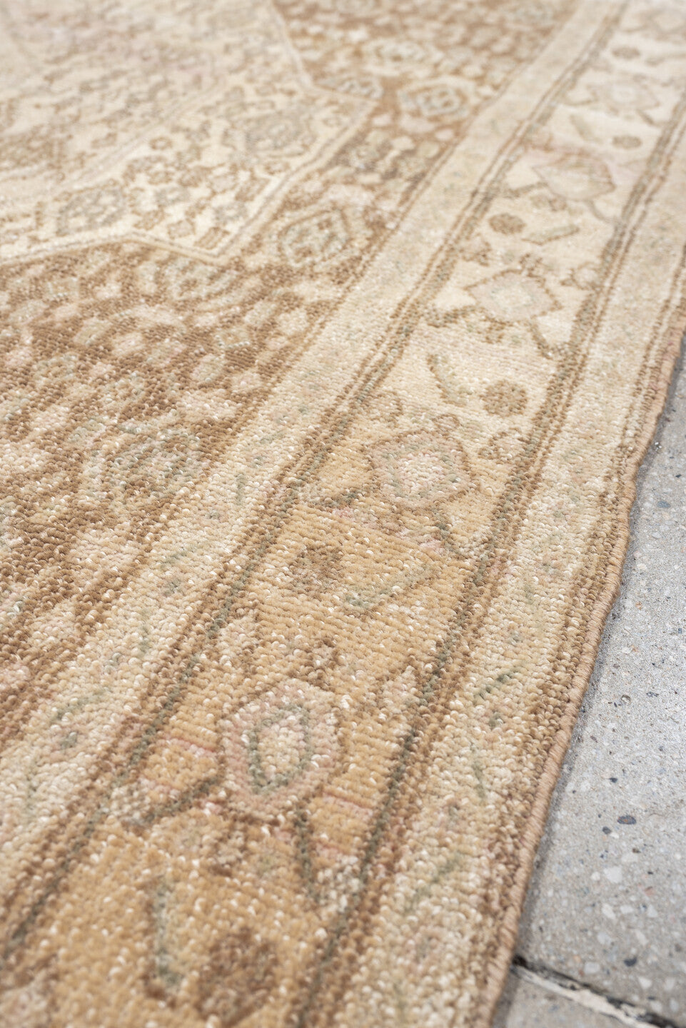 4' x 5' one-of-a-kind handmade antique Senne small size rug. Color palette: ivory, taupe, camel, sand, beige, light brown