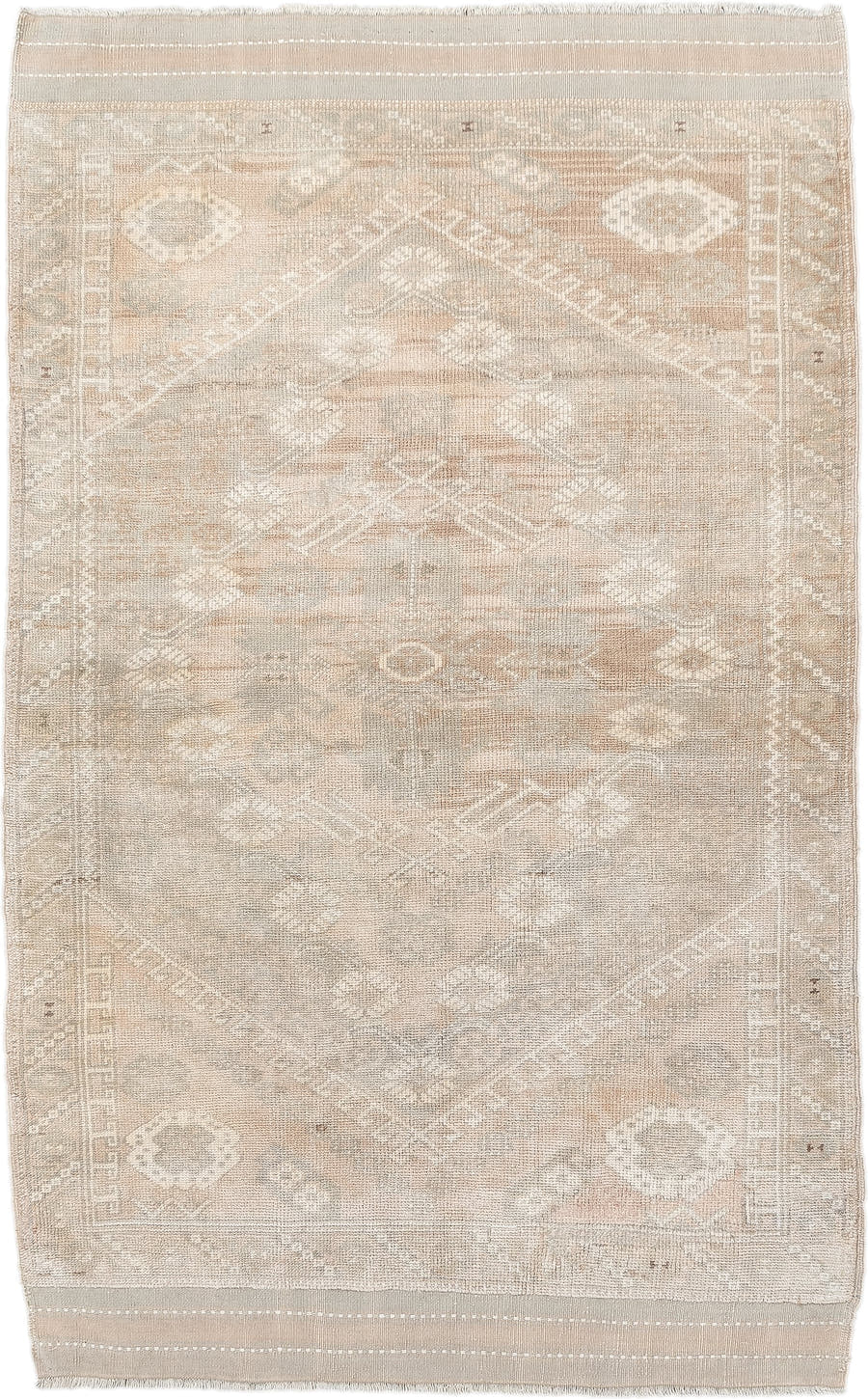 3' x 5' one-of-a-kind handmade antique Anatolian small size rug. Color palette: ivory, sand, taupe, beige, camel, light gray