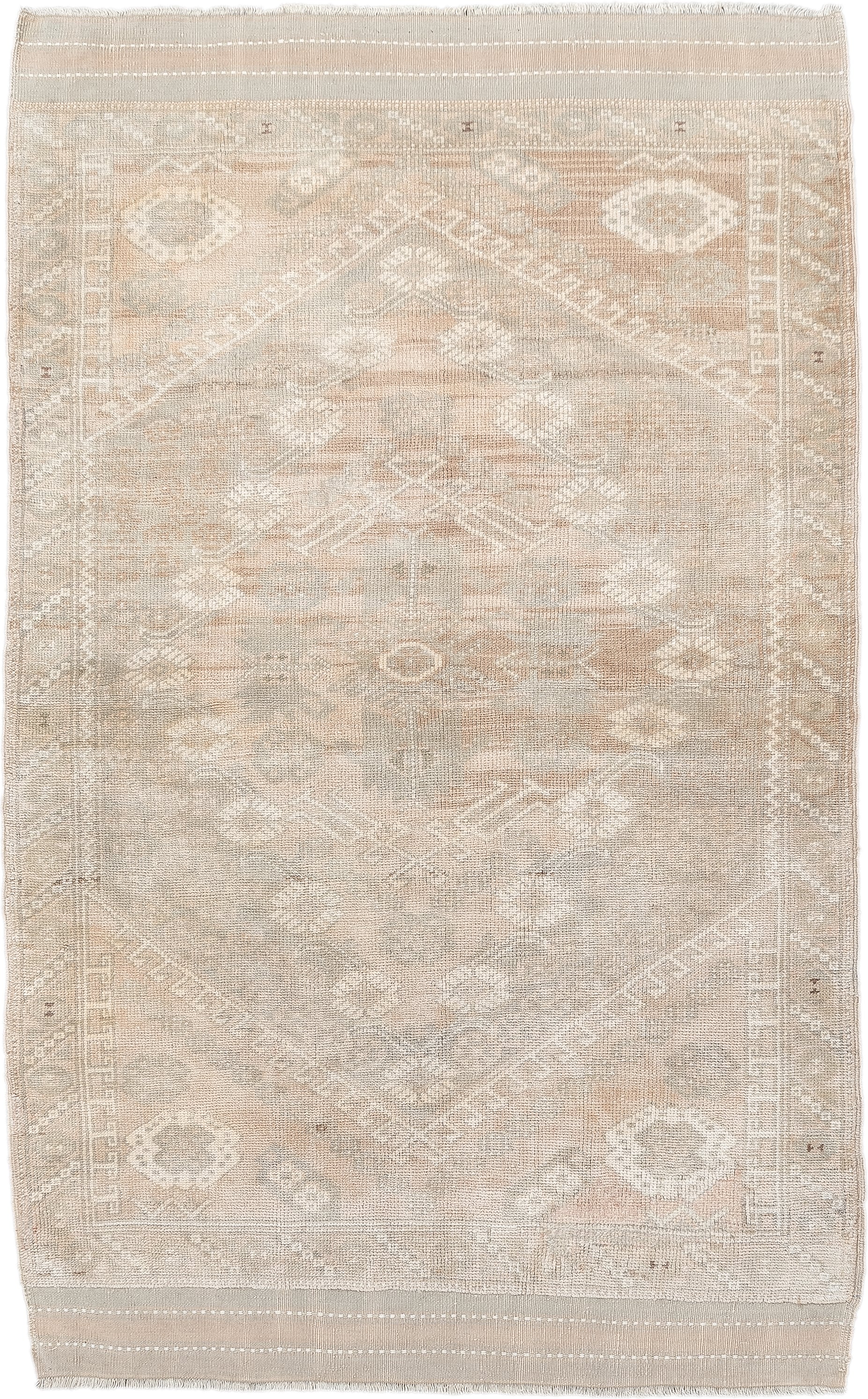3' x 5' one-of-a-kind handmade antique Anatolian small size rug. Color palette: ivory, sand, taupe, beige, camel, light gray