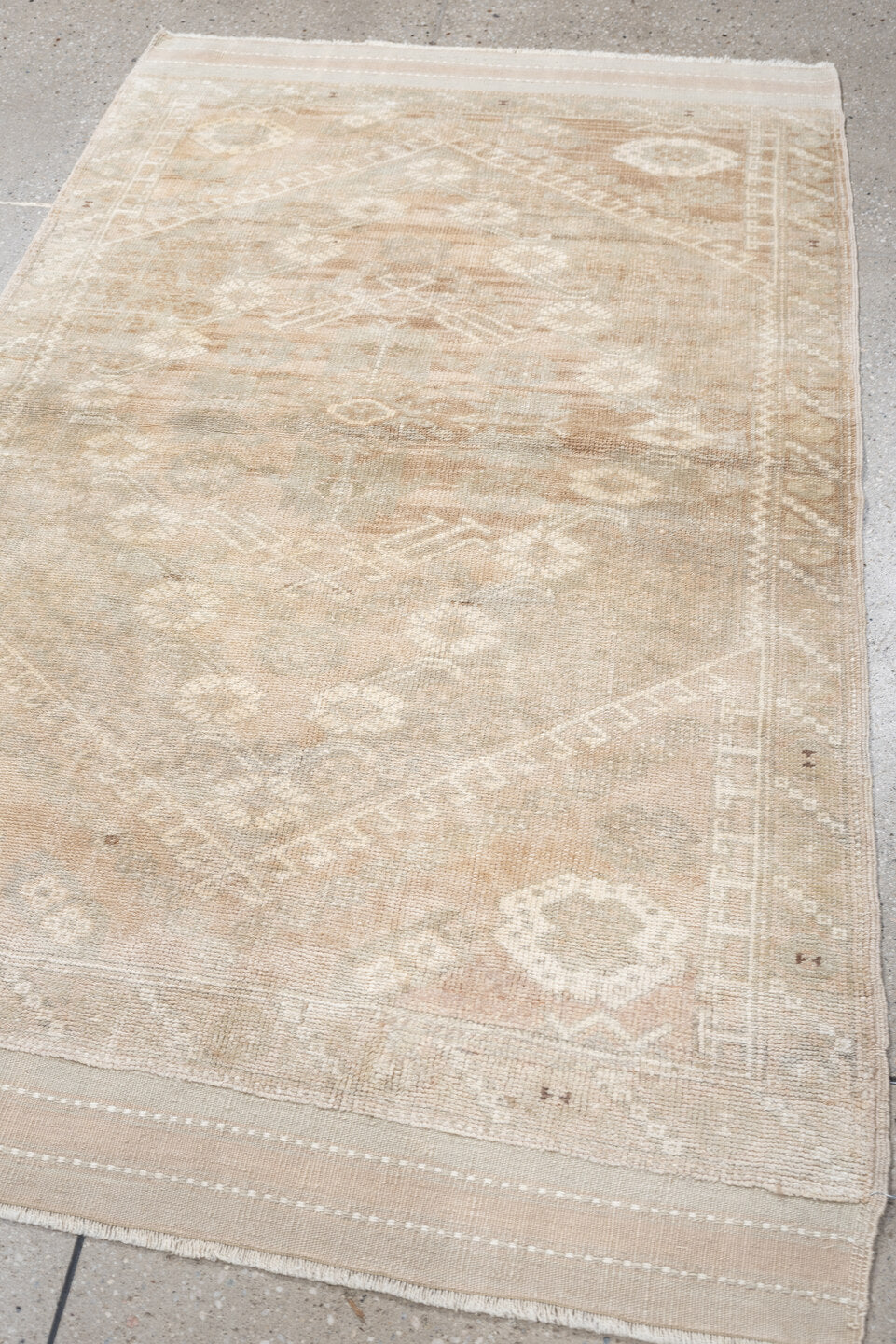 3' x 5' one-of-a-kind handmade antique Anatolian small size rug. Color palette: ivory, sand, taupe, beige, camel, light gray