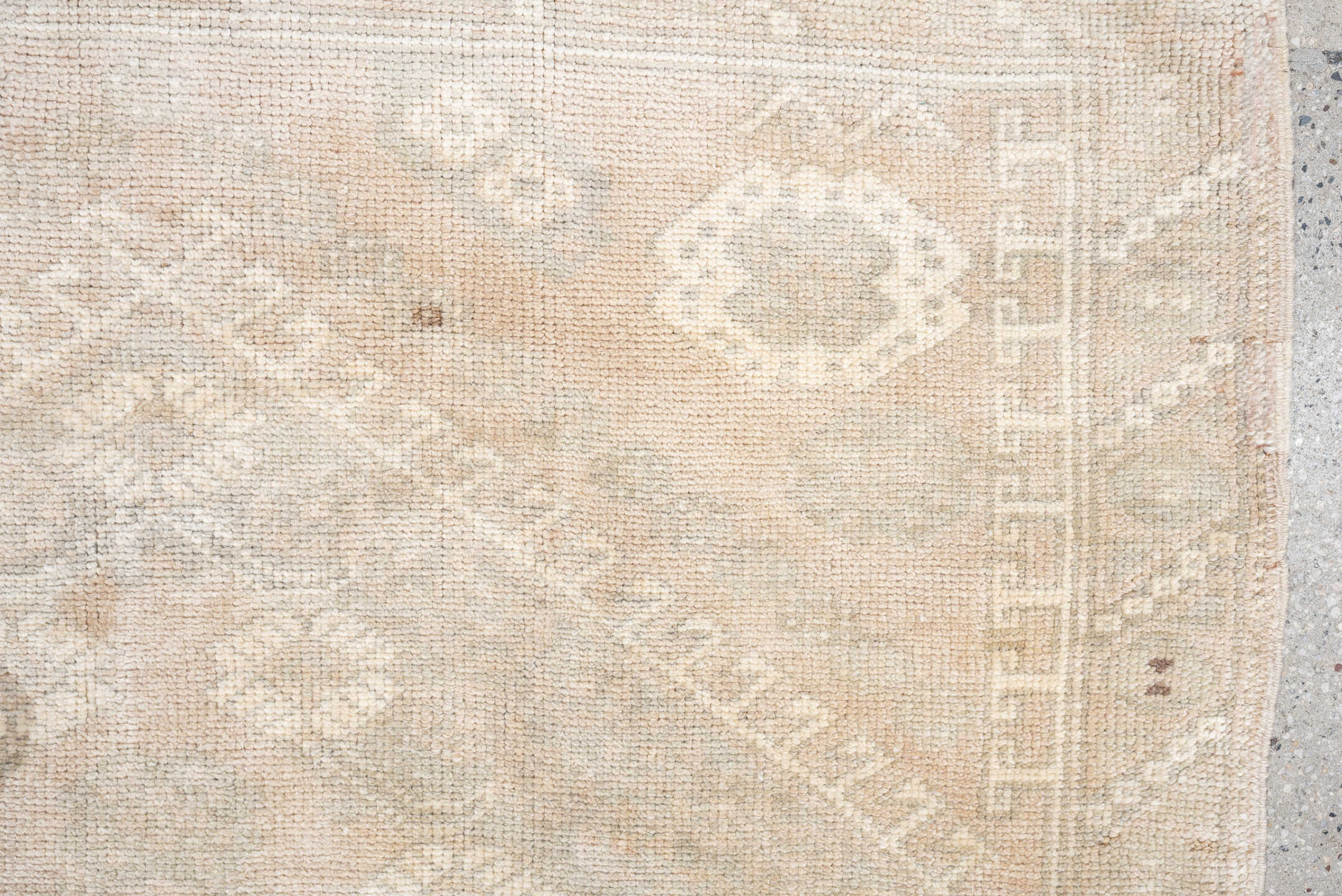 3' x 5' one-of-a-kind handmade antique Anatolian small size rug. Color palette: ivory, sand, taupe, beige, camel, light gray