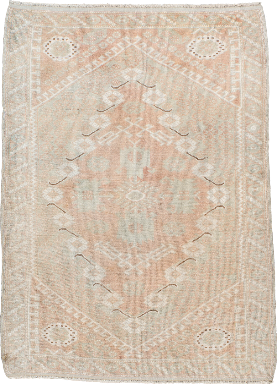 3' x 4' one-of-a-kind handmade antique Oushak small size rug. Color palette: ivory, blush, peach, taupe, camel, brown, pink