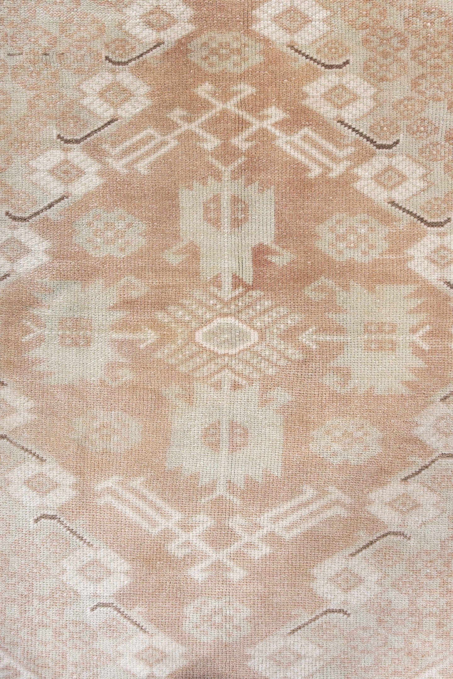 3' x 4' one-of-a-kind handmade antique Oushak small size rug. Color palette: ivory, blush, peach, taupe, camel, brown, pink