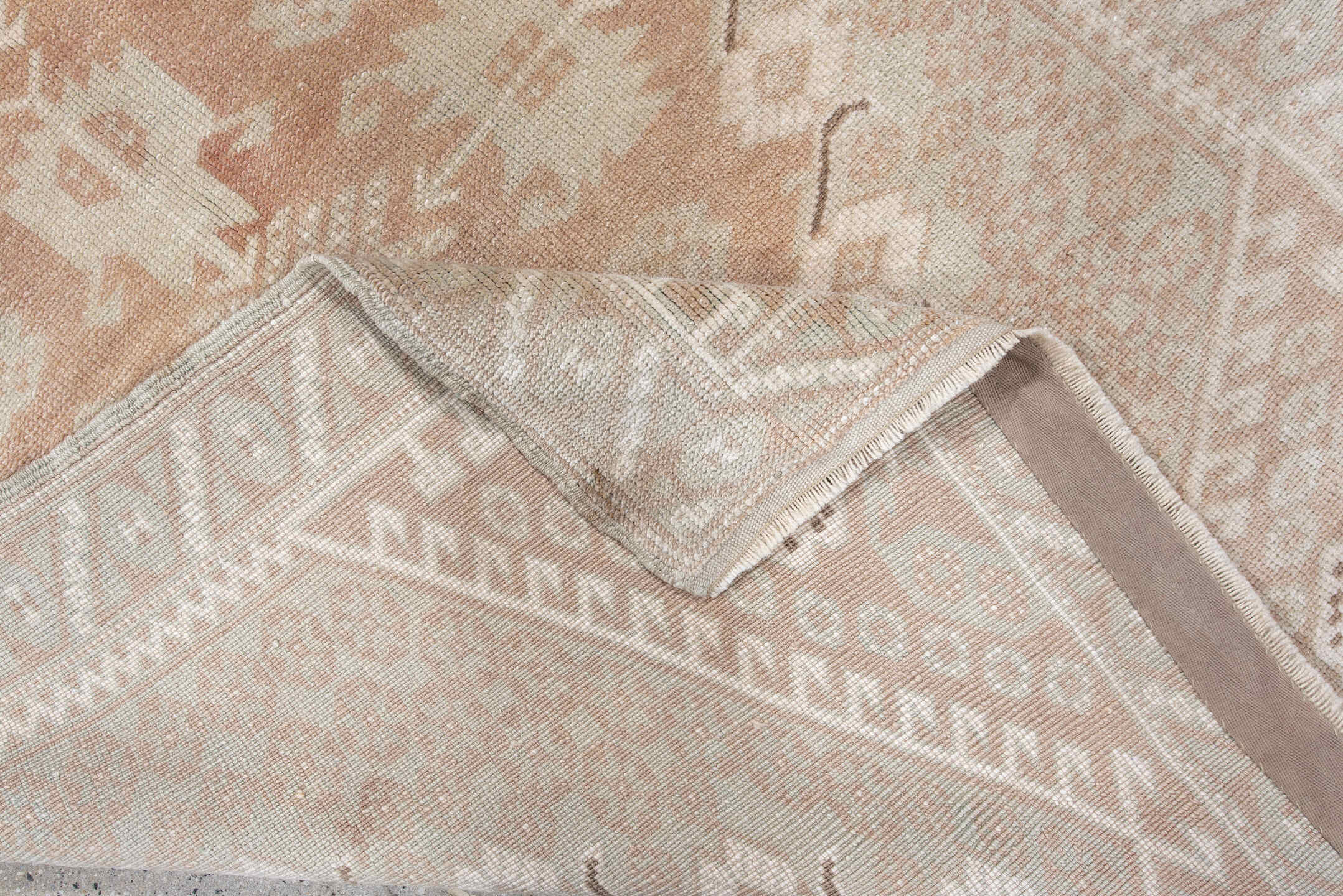 3' x 4' one-of-a-kind handmade antique Oushak small size rug. Color palette: ivory, blush, peach, taupe, camel, brown, pink