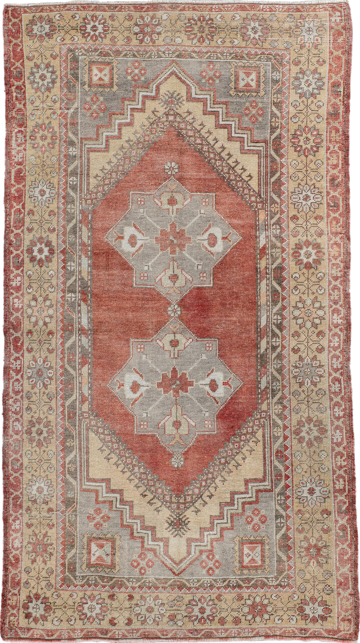 3' x 6' one-of-a-kind handmade vintage Anatolian small size rug. Color palette: brown, gray, light gray, off-white, orange
