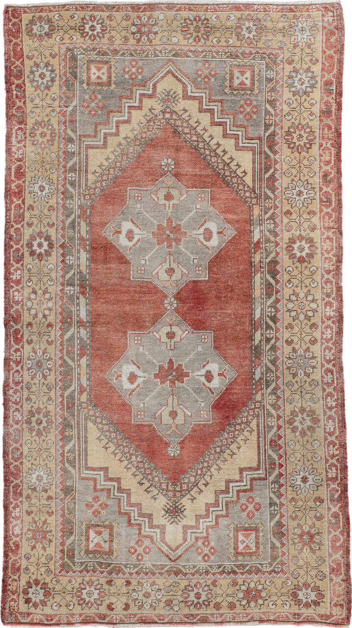 3' x 6' one-of-a-kind handmade antique Anatolian small size rug. Color palette: terra cotta, ivory, gray, rust, taupe, rose