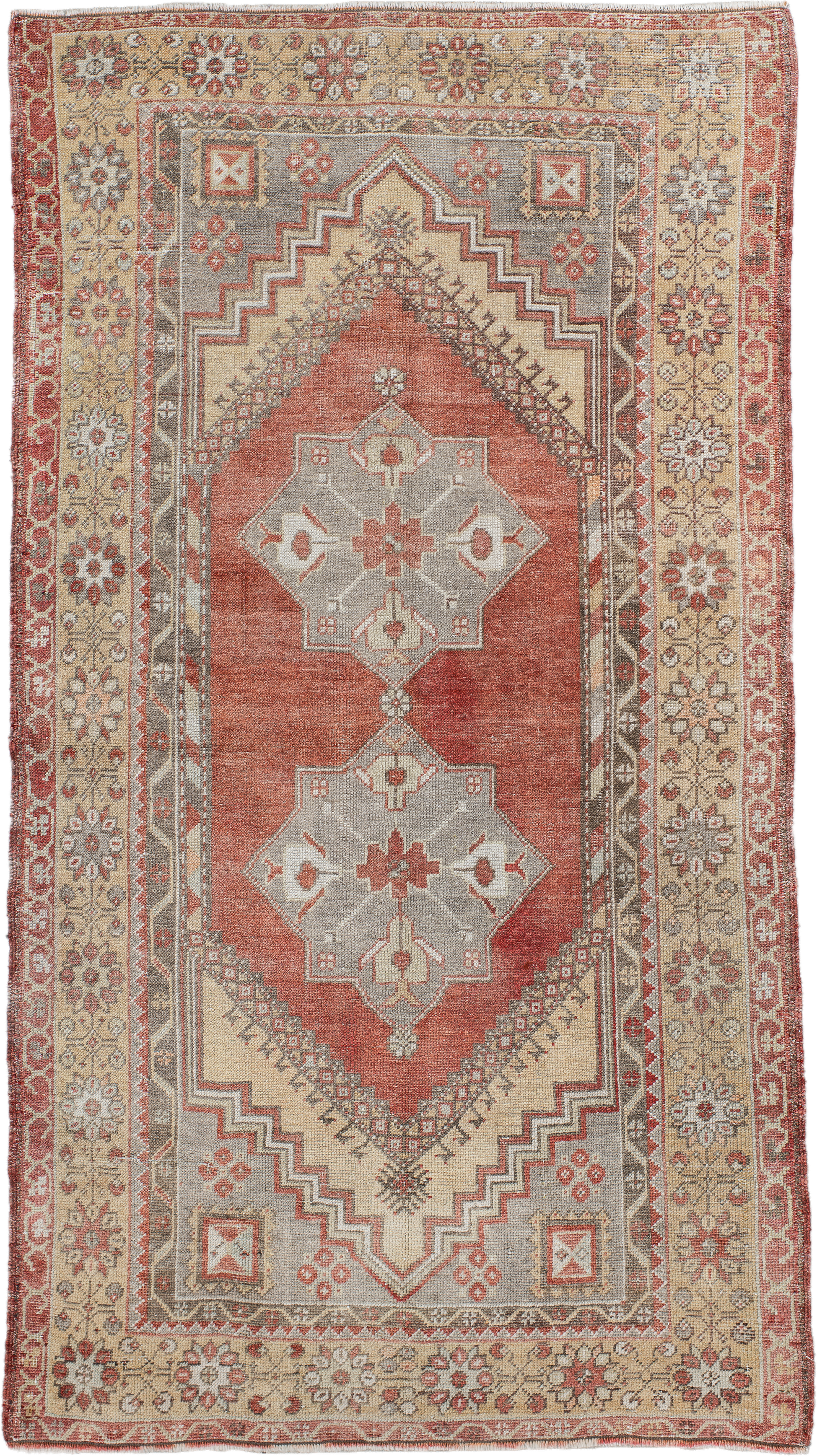 3' x 6' one-of-a-kind handmade antique Anatolian small size rug. Color palette: terra cotta, ivory, gray, rust, taupe, rose