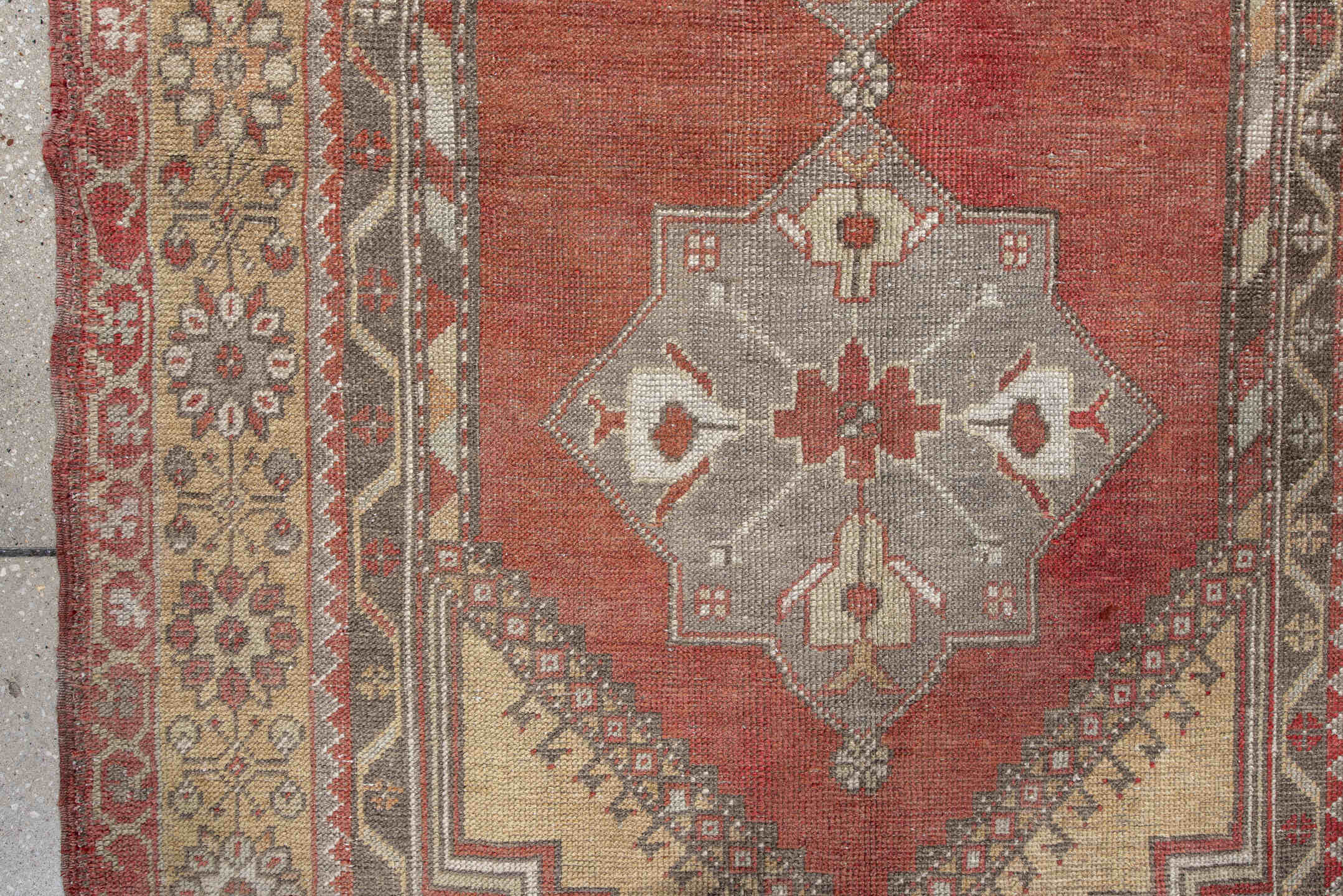 3' x 6' one-of-a-kind handmade vintage Anatol small size rug. Color palette: gray, red, brown, light gray, off-white, orange