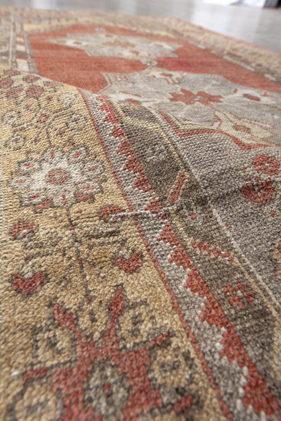 3' x 6' one-of-a-kind handmade antique Anatolian small size rug. Color palette: terra cotta, ivory, gray, rust, taupe, rose
