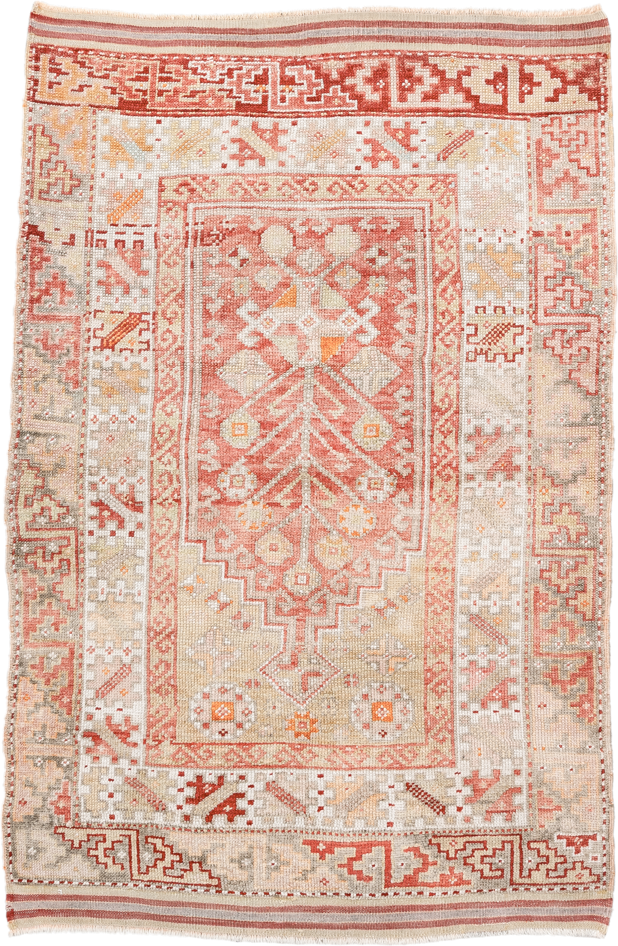 3' x 5' one-of-a-kind handmade vintage Anatolian small size rug. Color palette: ivory, coral, sand, pale_gold, taupe, rust