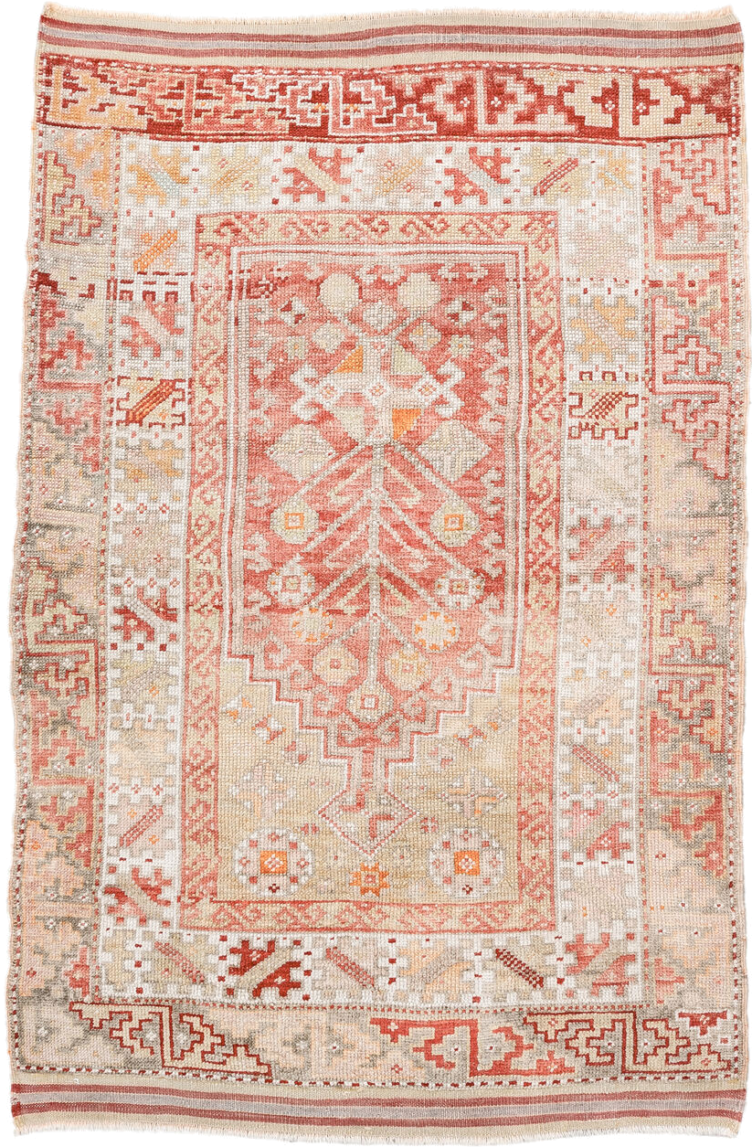 3' x 5' one-of-a-kind handmade vintage Anatolian small size rug. Color palette: ivory, coral, sand, pale_gold, taupe, rust