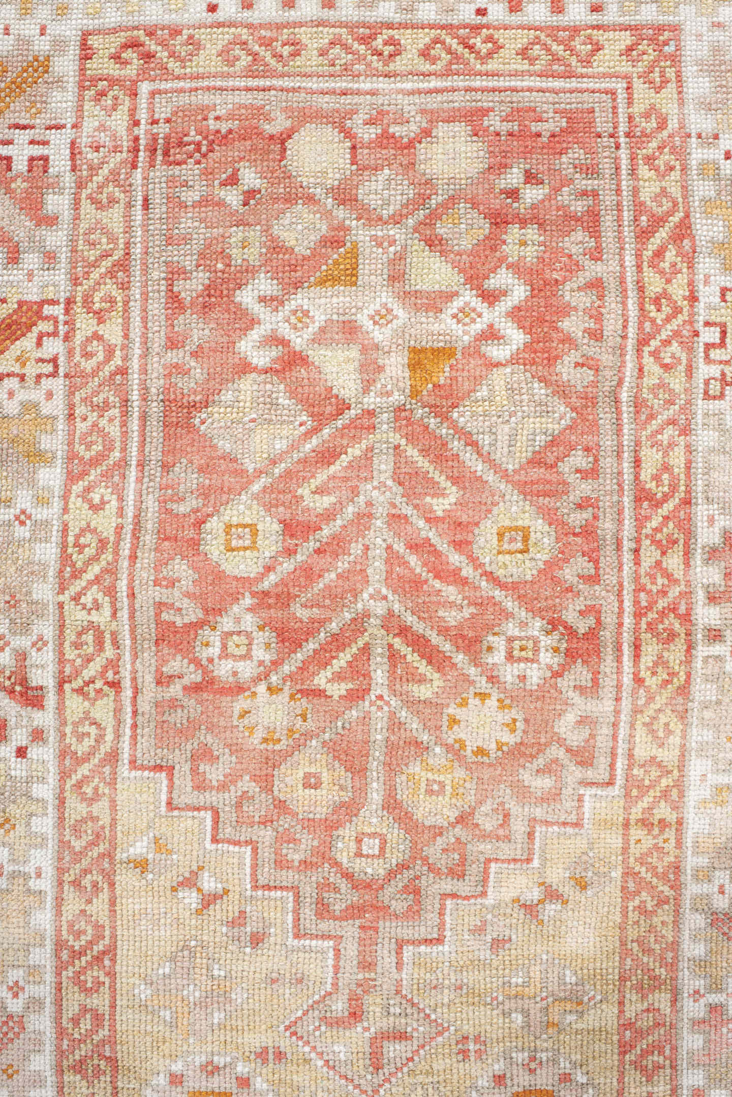 3' x 5' one-of-a-kind handmade vintage Anatolian small size rug. Color palette: ivory, coral, sand, pale_gold, taupe, rust