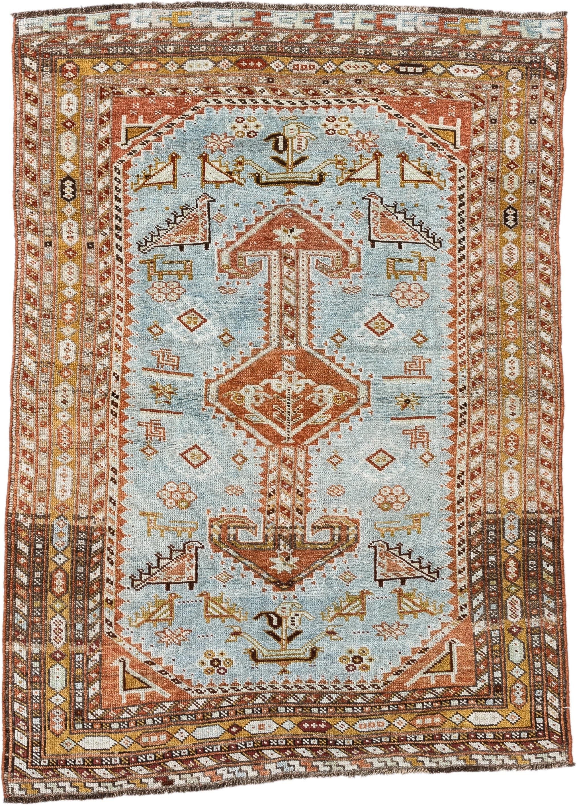 3' x 4' one-of-a-kind handmade antique Shiraz small size rug. Color palette: sky blue, rust, ivory, camel, brown, gold