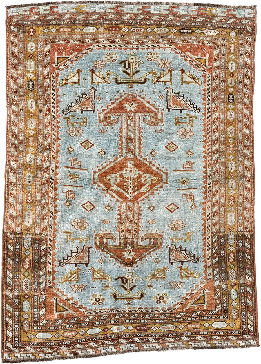 3' x 4' one-of-a-kind handmade antique Shiraz small size rug. Color palette: sky blue, rust, ivory, camel, brown, gold