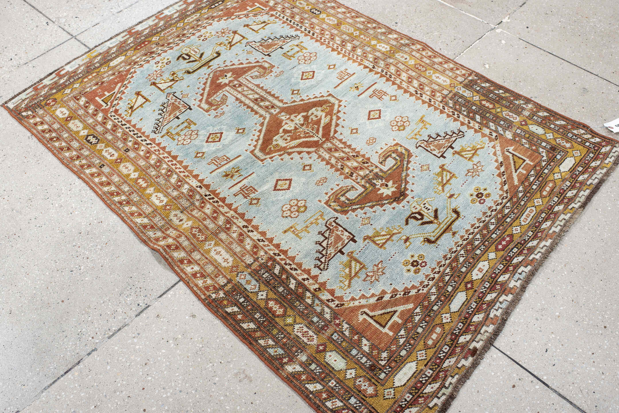 3' x 4' one-of-a-kind handmade antique Shiraz small size rug. Color palette: sky blue, rust, ivory, camel, brown, gold