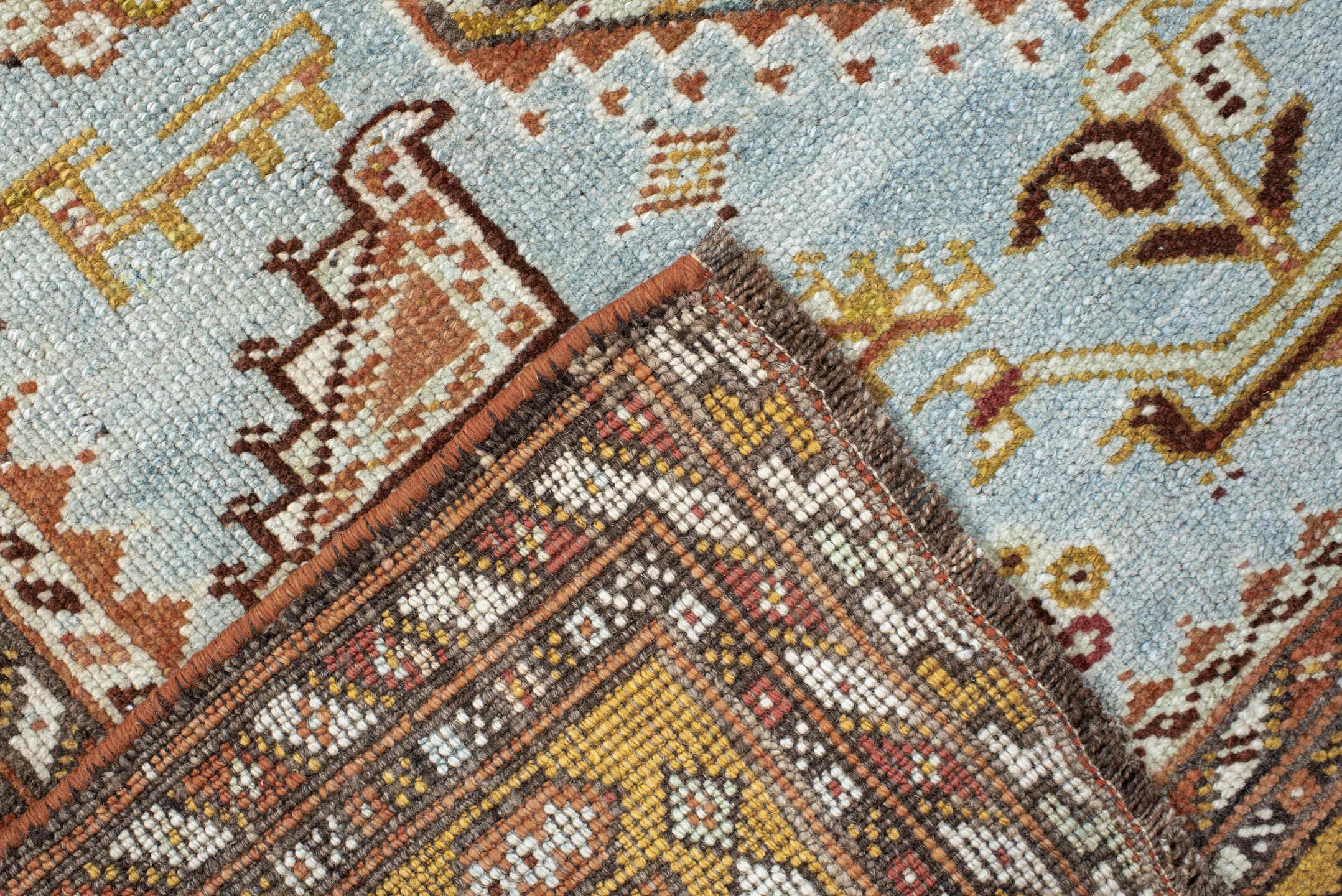 3' x 4' one-of-a-kind handmade antique Shiraz small size rug. Color palette: sky blue, rust, ivory, camel, brown, gold