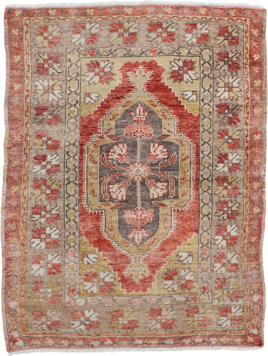 3' x 4' one-of-a-kind handmade antique Anatolian small size rug. Color palette: taupe, rust, ivory, camel, gold, charcoal
