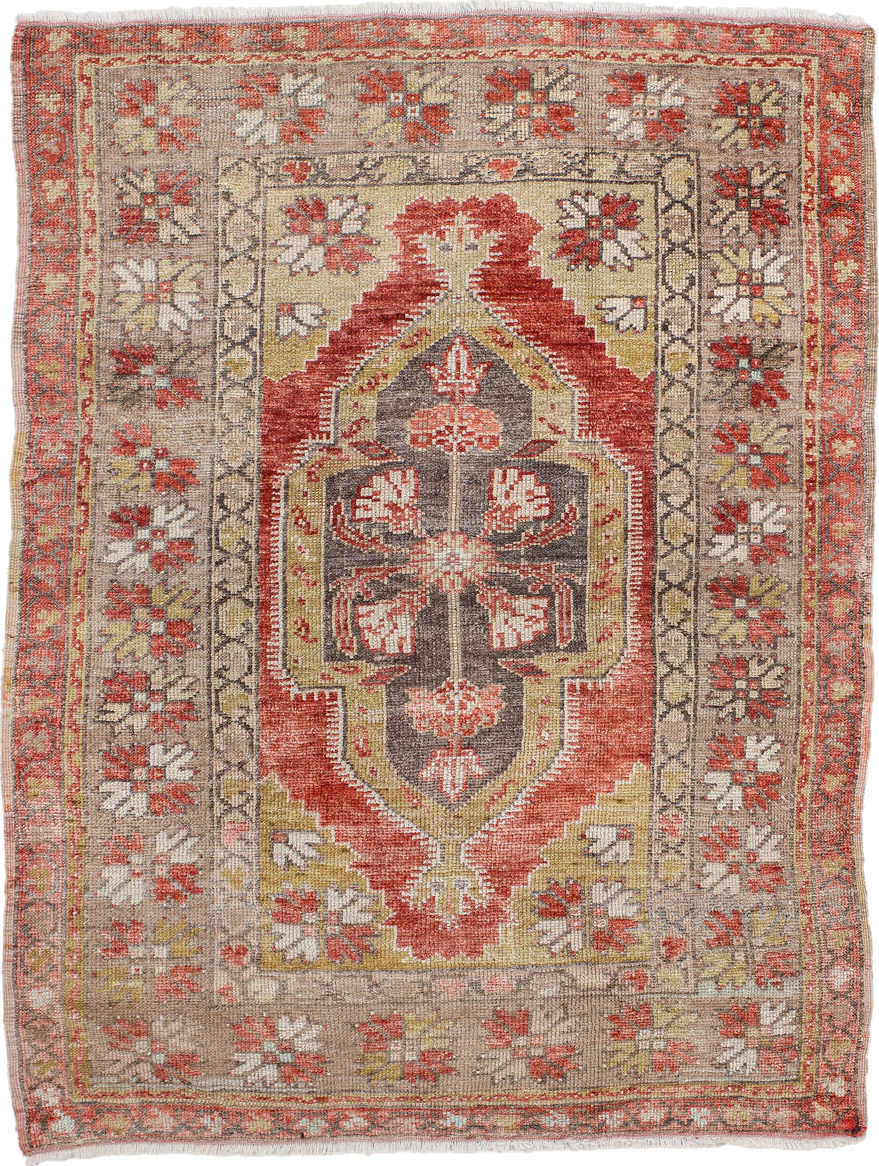 3' x 4' one-of-a-kind handmade antique Anatolian small size rug. Color palette: taupe, rust, ivory, camel, gold, charcoal
