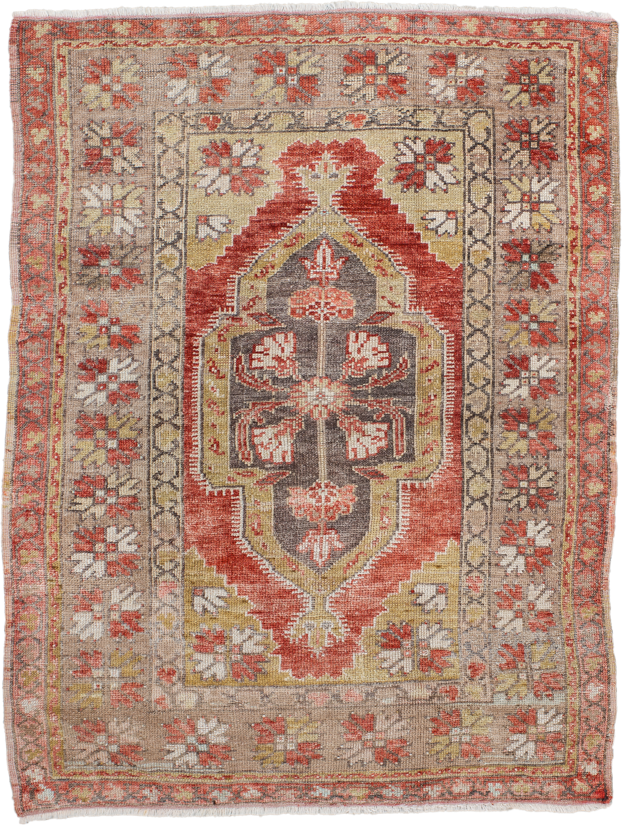 3' x 4' one-of-a-kind handmade antique Anatolian small size rug. Color palette: taupe, rust, ivory, camel, gold, charcoal